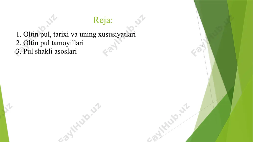 tangalarga erkin almashtirilgan, narxlar oltinda hisoblangan. birinchi jahon urushi davrida deyarli barcha mamlakatlarda qogʻoz pullarga oltin almashtirish toʻxtatildi, muomaladagi oltin tangalar muomaladan chikarildi. 20-asrning 20-yillaridan ayrim mamlakatlarda (xususan, aqsh va buyuk britaniyada) oltin yombi standart joriy etildi, bunda banknotlar 12,5 kg gacha boʻlgan oltin yombilarga almashtirilgan, buning uchun esa bank-ka katta pul miqdorini takdim etish lozim boʻlgan. boshqa mamlakatlarda kredit pullarini dastlab oltin yombi standarti mamlakatlari valyutalaridagi devizlarga soʻngra oltinga almashtirish tartibi paydo boʻldi va oltin standartning bu shakli oltin deviz standart nomini oldi. bu shaklda bir mamlakat va-lyutasi boshqa mamlakatlar vositasiga bogʻliq qilib qoʻyiladi. oltin pul — tarixiy jihatdan eng qadimiy va qimmatli to'lov vositalaridan biri. oltin, o'zining jozibadorligi, mustahkamligi va korroziyaga chidamliligi tufayli, qadimdan pullash uchun ishlatilgan. oltin pulning tarixi va xususiyatlari quyidagilar: tarixi 1. qadimiy davrlar: oltin pulning tarixi miloddan avvalgi 3000 yillarga borib taqaladi. misr, mesopotamiya va boshqa qadimiy tsivilizatsiyalar oltin va kumushni to'plab, ularni qiymatli …