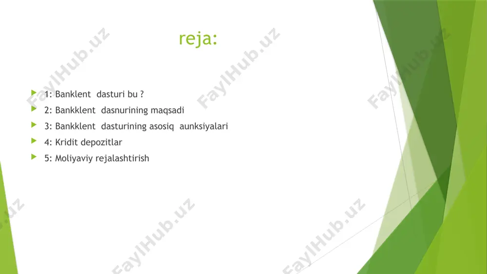 orqali to‘lov • avtomatik to‘lovlar sozlash 3. karta boshqaruvi • karta chiqarish, bloklash/ochish • pin-kodni o‘zgartirish • onlayn to‘lovlarga ruxsat berish/yopish • valyuta kartalarini yaratish yoki boshqarish 4. valyuta amaliyotlari • valyuta kurslarini ko‘rish • valyuta ayirboshlash (konvertatsiya) 5. kredit va omonatlar bilan ishlash • kredit olish, to‘lash yoki jadvalni ko‘rish • depozit ochish/yopish • foiz stavkalarini ko‘rish 6. xavfsizlik va autentifikatsiya • face id/touch id orqali kirish • sms yoki push-bildirishnomalar orqali tranzaksiyani tasdiqlash • muddati tugayotgan kartalarni yangilash haqida ogohlantirish 7. qo‘llab-quvvatlash xizmati • onlayn chat yoki qo‘ng‘iroq orqali yordam olish • bank filiallari va bankomatlar joylashuvini ko‘rish 8. yangi xizmatlarga ulanish • investitsiya yoki sug‘urta xizmatlariga ulanish • cashback va bonus tizimlaridan foydalanish 4: kridit depozitlar kredit nima? kredit — bu bank yoki boshqa moliyaviy muassasa tomonidan mijozga vaqtincha beriladigan pul mablag‘i bo‘lib, uni ma’lum foiz stavkasi bilan belgilangan muddatda qaytarish talab qilinadi. • turlari: iste’mol krediti, …