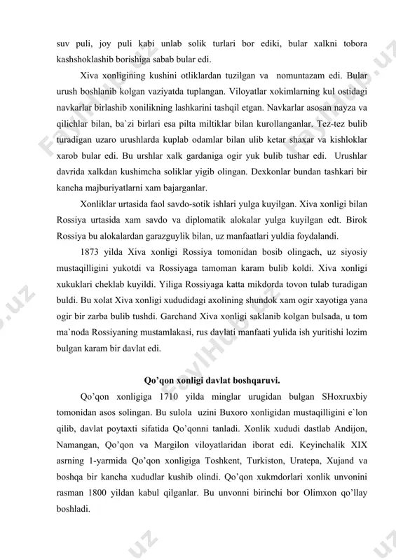 gidan mustaqilligini e`lon qilib, davlat poytaxti sifatida qo’qonni tanladi. xonlik xududi dastlab andijon, namangan, qo’qon va margilon viloyatlaridan iborat edi. keyinchalik xix asrning 1-yarmida qo’qon xonligiga toshkent, turkiston, uratepa, xujand va boshqa bir kancha xududlar kushib olindi. qo’qon xukmdorlari xonlik unvonini rasman 1800 yildan kabul qilganlar. bu unvonni birinchi bor olimxon qo’llay boshladi. qo’qon xonligida xam davlatning tanxo xukmdori xon xisoblangan. xon uz davlat ustidan yagona xukmdor bulib, uning buyrugi suzsiz bajarilgan. xondan keyingi ukori lavozimi mingboshilik lavozimi edi. mingboshi bosh vazir vazifasini bajargan va ayni paytda bir kancha vilochtlarni xam boshqargan. viloyat va tumanlar esa maxalliy amaldorlar yoki xonning karindosh uruglari tomonidan boshqarilgan. qo’qon xonligi urtasida aloxida devon xam tuzilgan. devon davlatning ichki ishlari masalalarini muxokama qilgan va tegishli karorlar va farmonlar chikarishga maslaxatlar berib to’rgan. devon a`zolari asosan urug oksokollaridan va ruxoniylardan tashqil etilgan. davlat ishlarida din peshvolarining mavkei yuksak edi. bu erda xam shayxulislom din ishlari buyicha …