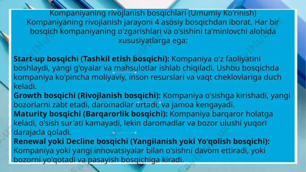 foydali bo'ladi. kompaniya o'z resurslarini tejash, energiya samaradorligini oshirish va chiqindilarni kamaytirish orqali ijtimoiy mas'uliyatini 2018--2019 energiya samaradorligini oshirish va chiqindilarni kamaytirish orqali ijtimoiy mas'uliyatini o'z zimmasiga oladi. ijtimoiy mas’uliyat va ekologik ehtiyojlar:bugungi kunda kompaniyalar nafaqat iqtisodiy foyda olishni, balki atrof-muhitga ta'sirini kamaytirishni ham maqsad qilmoqda. ekologik barqarorlik uchun yashil texnologiyalarni qo'llash va tabiiy resurslardan samarali foydalanish kerak. ijtimoiy mas'uliyatni hisobga olgan holda, kompaniyalar jamiyatga yordam beruvchi dasturlarni amalga oshirishi, masalan, ta'limni qo'llab-quvvatlash, kambag'allarni qo'llab-quvvatlash yoki barqaror ishlab chiqarish amaliyotlarini joriy etish orqali ijtimoiy foyda keltirishi mumkin.barqaror rivojlanish strategiyasi:barqaror rivojlanish uchun kompaniyalar o'z faoliyatini yanada ekologik va ijtimoiy jihatdan barqaror tarzda rivojlantirishga intiladi. bu uchun ular yashil texnologiyalarni ishlab chiqish, resurslarni qayta ishlash va ekologik mas'uliyatni kuchaytirish zarur.kompaniyalar o'z mahsulotlarining ishlab chiqarish jarayonini soddalashtirish, chiqindilarni kamaytirish va karbon izini kamaytirishga qaratilgan strategiyalarni ishlab chiqishlari kerak. 13. rivojlanishning geosiyosiy ta'siri () geosiyosiy faktorlar:kompaniya rivojlanishida geosiyosiy vaziyatlar va global iqtisodiy o'zgarishlar muhim …