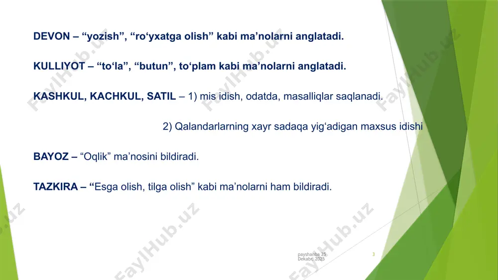 oye’ ul- vasat” devoni g‘azal, mustazod, muxammas, musaddas, tarji’band, qasida, qit’a, chiston, tuyuq tarzida tartiblangan. shuningdek, alifbo tartibini buzmasdan terma devonlar tuzish tajribasi ham ma’lum. пайшанба, 2025 йил 1-май 10 devon qo‘lyozmasi matn va sarlavhalar, shuningdek, miniatyuralar atrofiga tortiladigan jadvallar, shams, unvon – qo‘lyozmaning ilk sahifasi bosh qismida tilla suvi yugurtirib chizilgan naqsh-lavh, sahifalarga oltin suvi bilan jilo berish (tazhib) kabi bezaklar bilan ziynatlanadi. albatta, bunday devonlar qimmatbaho bo‘lib, ular asosan, shoh farmoniga asosan saroy kutubxonasi yoki sovg‘a uchun tayyorlangan. пайшанба, 2025 йил 1-май 11 bayoz tuzilishi va uning o‘ziga xos xususiyati haqida quyidagicha xulosa qilish mumkin: i. qo‘lyozma bayozlar quyidagi tuzilishga ega bo‘ladi: 1) sarbayoz (muqaddima); 2) lirik she’rlardan namunalar; 3) xotima-kolofon; 4) fixrist (she’rlari kiritilgan shoirlarning nomi keltirilishi mumkin). пайшанба, 2025 йил 1-май 12 ii. bayozlarning umumiy belgilari: 1) shoirlar haqida ma’lumotlar berilmaydi; 2) lirik janrlarda bitilgan she’rlardan tashkil topadi; 3) bob va bo‘limlarga bo‘linmaydi; 4) bir necha …