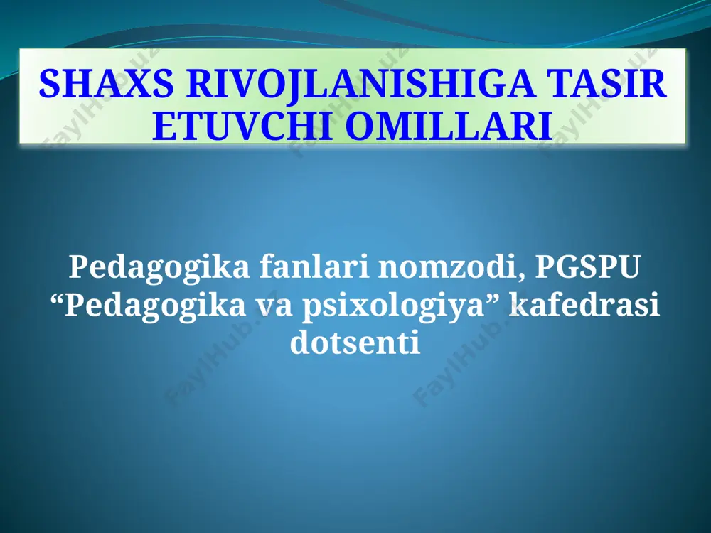 ash, o'ziga xoslik va o'ziga xoslikni loyihalash). shaxsga aylangan shaxs hayotda faol va ijodiy o'zini namoyon etgan asl shaxsdir. inson rivojlanishi / shaxsiyatning shakllanishi rivojlanish oddiydan murakkabga izchil, progressiv o'zgarish sifatga aylanadigan miqdoriy xususiyatlarning to'planishi rivojlanish miqdoriy va sifat o'zgarishlari jarayoni → - anatomik va fiziologik etuklik; - asab tizimi va psixika; - faollik, dunyoqarash, axloq rivojlanish anatomik tushunchasi - bu o'zgarishlar (insonning hayoti davomida sodir bo'ladigan jismoniy, ruhiy) rivojlanish jarayon chiziqli emas noto'g'ri spazmodik sensitiv (qulay) davrlarning mavjudligi shaxsni shakllantirish tashqi ta'sir ostida paydo bo'ladi (chorshanba, ota-onaning yoshi, onaning tanasi tarbiya, moddiy sharoitlar, kattalar, tengdoshlar ta'siri) va ichki ta'sirlar (tananing tuzilishi, uning fiziologik va ruhiy xususiyatlari: irsiyat, moyillik, moyillik) shaxsni shakllantirish bu ijtimoiy, psixologik o'zgarishlarning o'ziga xos xususiyati bu inson rivojlanishining natijasidir turg'un xususiyat va sifatlar to'plamini shakllantirish, egallashdir shaxsni shakllantirish harakatlantiruvchi kuchlar - ziddiyatlar - o'rtasida tashqi muhit sharoitlari va talablari va hozirgi paytda inson uchun mavjud tashqi …