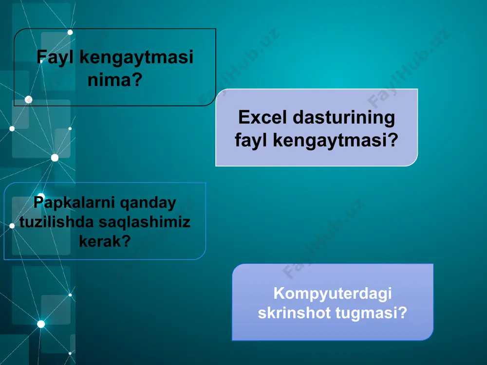 0 o 101 g 001 r 110 i 010 t 111 l 011 m 100 durbek “informatika” so’zi harflarini kodlash uchun eng kam bit talab etiladigan ikkilikda tekis kodlash usulidan foydalanilgan. shu bilan birga, ikkilikdagi kodlar ingliz alifbosida o’sib borish tartibida moslashgan. t harfini kodini toping? informatika so’zini ingliz tili alifbosi va o’sib boorish tartibi bo’yicha yozib chiqamiz. afikmnort – so’zda harflar ikki marta kelsa ham, bittasi yoziladi. 9 – ta belgi, demak 4 bit kerak bo’ladi a – 0000 f – 0001 i – 0010 k – 0011 m – 0100 n – 0101 o – 0110 r – 0111 t – 1000 javob: t – harfining kodi 1000 bo’ladi xulosa ● tarkibidagi maʼlumotni bilib olishni osonlashtirish uchun faylni nomlashda mazmunli nomdan foydalaning. ● fayllarni ierarxik tuzilishda saqlang. ● ma’lumotlarni siqish texnologiyasi hech qanday maʼlumot yoʻqolmasligi uchun asosan hujjatlar, matn va raqamli maʼlumot uchun ishlatiladi. ● yoʻqotishli siqish maʼlumotning …