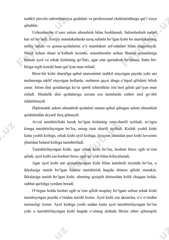 tanishtirish haqida iltimos qilishi mumkin. ikkalasiga tanish bo‘lgan kishi, ularning qiziqish doirasidan kelib chiqqan holda, suhbat qurishga yordam beradi. o‘tirgan holda boshni egib ta’zim qilish noqulay bo‘lgani uchun erkak kishi tanishayotgan paytda o‘rnidan turishi lozim. ayol kishi esa aksincha, o‘z o‘rnidan turmasligi lozim. ayol kishiga yoshi undan katta ayol tanishtirilayotgan bo‘lsa yoki u tanishtirilayotgan kishi haqida o‘zining alohida fikrini izhor qilmoqchi bo‘lgan hollar bundan istisno. ushbu hollarda u o‘rnidan turib salomlashish uchun qo‘l uzatishi mumkin. erkak kishi bilan tanishayotgan hollarda ayol kishi agar o‘zi uchun bu narsani o‘rinli deb topsa, salomlashish uchun qo‘l uzatadi, aks hollarda boshini biroz egib salomlashish bilan kifoyalanadi. qolgan paytda yoshi kattaroq bo‘lgan kishi salomlashish uchun qo‘lini birinchi uzatadi. xonaga kirib kelayotgan kishi birinchi bo‘lib yig‘ilganlar bilan salomlashadi. birinchi bo‘lib ketayotgan kishi yig‘ilganlar bilan xayrlashadi. biror-bir kishini boshqalarga tanishtirayotgan paytda nafaqat uning to‘la ismi sharifini aytish bilan cheklanish kerak, balki bu shaxsga xos fazilatlar haqida qisqacha …