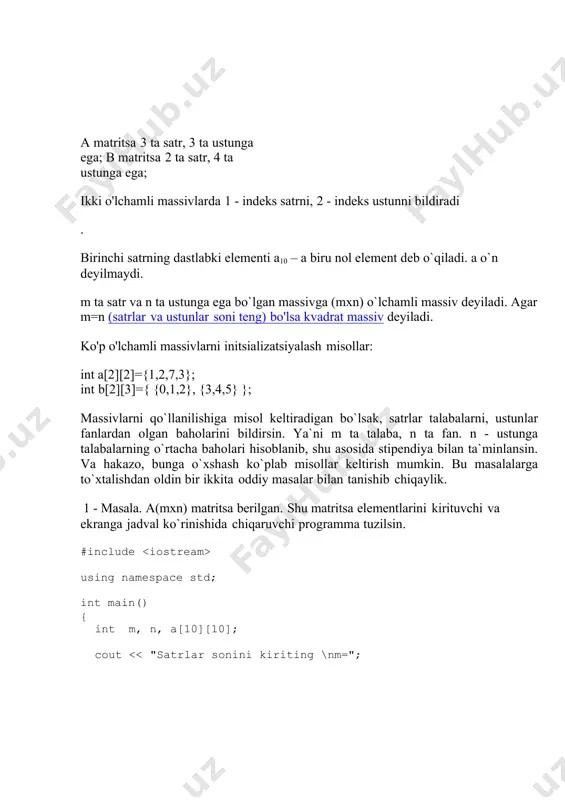 a(mxn) matritsa berilgan. shu matritsa elementlarini kirituvchi va ekranga jadval ko`rinishida chiqaruvchi programma tuzilsin. #include using namespace std; int main() { int m, n, a[10][10]; cout > m; cout > n; cout > a[satr][ustun]; } // matritsani jadval shaklida chiqarish for(int satr = 0; satr using namespace std; void matrix_print(int a[10][10], int m, int n) { // matritsani jadval shaklida chiqarish for (int i = 0; i > a[i][j]; } int main() { int m, n, a[10][10]; cout > m; cout > n; //funksiyaga matritsa, satrlar va ustunlar soni jo'natiladi matrix_input(a, m, n); cout using namespace std; void matrix_print(int a[10][10], int m, int n) { // matritsani jadval shaklida chiqarish for (int i = 0; i > m; cout > n; cout > a[i][j]; cout using namespace std; int main() { int m, n; int **a; // ko'rsatkichga ko'rsatkich cout > m; cout > n; // m ta ko'rsatkichlar massivi …