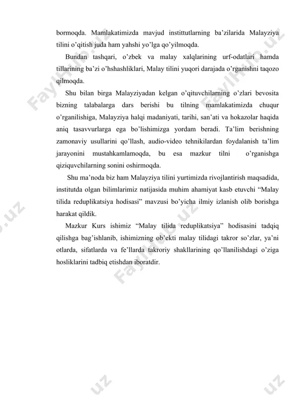 b o’rganamiz. sifat va fe’llarda ham takror so’zlar qo’llaniladi. masalan: besar (katta) – besar-besar (juda katta) kecil (kichkina) – kecil-kecil (juda kichkina) berlari (yugurmoq) – berlari-lari (bir necha bor yugurmoq) menari (raqs tushmoq) – menari-nari (tinmay raqs tushmoq) xulosada bitiruv malakaviy ishining kirish qismida qo’yilgan maqsad va vazifalardan kelib chiqqan holda yakuniy xulosalar bayon etilgan. tadqiqot davomida foydalanilgan adabiyotlar va internet sahifalar keltirib o’tilgan. bu ishimizga misollar 20dan ortiq turli tekst, badiy adabiyot, xalq og’zaki ijodi va turli lug’atlardan tanlab olingan. bitiruv malakaviy ishi ustida izlanish natijasida tanlab olingan 50dan ortiq misollar jadvalga solindi va tarjima bilan ta’minlandi. mavzuni yanada kengroq boyitish maqsadida, o’zbek, turkiy va ularga qardosh bo’lmagan boshqa tillardan dalillar keltirildi. misol uchun, fransuz olimi- sharqshunos j.leni takror so’zlarni turkumlarga ajrata turib, sifatlarni 2 hil reduplikatsiya holatida uchrashini ta’kidlab o’tadi: to’liq va to’liqsiz. o.byotlingning takroran ifodalanuvchi so’zlarning ma’nolari haqida quyidagicha fikr yuritadi: ma’noni kuchaytirish uchun ishlatiladigan takror so’zlar …