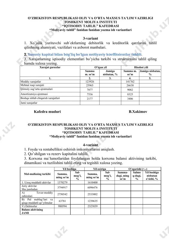 hkent moliya instituti “iqtisodiy tahlil” kafedrasi “moliyaviy tahlil” fanidan fanidan yozma ish variantlari 5-variant 1. balans aktiv moddalarining tahlili. 2. debitorlik va kreditorlik qarzlari balansini tuzish va uning tahlili. 3. korxona ma`lumotlari asosida balans passivi moddalarini tahlil eting va xulosa yozing. mol-mulkni tashkil topish manbaining tarkibi yil boshiga yil oxiriga o’zgarishi (+,-) summa, ming so’m sal-mog’i, % summa, ming so’m sal-mog’i, % summa-dagi, ming so’m salmoq-dagi, % yil boshiga nisbatan o’sishi, % 1. o’z mablag’larining manbalari 3053266 3701446 majburiyatlar shu jumladan: 2111930 4005430 a) uzoq muddatli majburiyatlar 0 1500000 b) joriy majburiyatlar 2111930 2505430 balans passivining jami: kafedra muduri b.xakimov o’zbekiston respublikasi oliy va o’rta maxsus ta’lim vazirligi toshkent moliya instituti “iqtisodiy tahlil” kafedrasi “moliyaviy tahlil” fanidan fanidan yozma ish variantlari 6-variant 1. xarajatlarni turkumlash. ishlab chiqarish harajatlarining tahlili 2. debitorlik va kreditorlik qarzlarining umumiy hajmini tahlili. 3. korxonaning o’z aylanma mablag’larini mavjud summasini hisoblab toping va aylanma mablag’larini belgilangan …