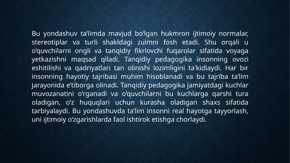 y adolatni faqat ta’lim mazmuni orqali emas, balki ta’lim jarayonining o‘zini adolatli qilish orqali ham ilgari suradi. bu yondashuvda barcha o‘quvchilar teng imkoniyatlarga ega bo‘lishi, o‘z ovozini erkin ifoda eta olishi va o‘quv jarayonida faol ishtirok etishi zarur deb hisoblanadi. u bolalarning kelib chiqishi, ijtimoiy mavqei, jinsi yoki e’tiqodidan qat’i nazar, ularning har biri teng qiymatga ega deb qaraydi. bu esa ta’limda inkluzivlik va ijtimoiy tenglik g‘oyalarini amalda joriy qilishga olib keladi. tanqidiy pedagogika o‘quvchilarni jamiyatdagi muammolarni tan olish, ularning sabablari ustida fikr yuritish va yechimlar izlashga o‘rgatadi. masalan, ularni atrofdagi adolatsizliklarga befarq bo‘lmaslik, muammolarga ko‘z yumib yashamaslik, balki faol fuqarolik pozitsiyasini egallashga undaydi. shu orqali u o‘quvchilarda ijtimoiy mas’uliyat hissini rivojlantiradi. 3. jamiyatda tenglik va inklyuziya tamoyillarining targ‘iboti jamiyatda tenglik va inklyuziya tamoyillarining targ‘iboti – adolatli, bag‘rikeng va har bir inson o‘zini qadrlangan holda his qiladigan muhitni shakllantirishning muhim asosidir. ushbu tamoyillar har qanday ijtimoiy tizim, jumladan ta’lim, sog‘liqni …