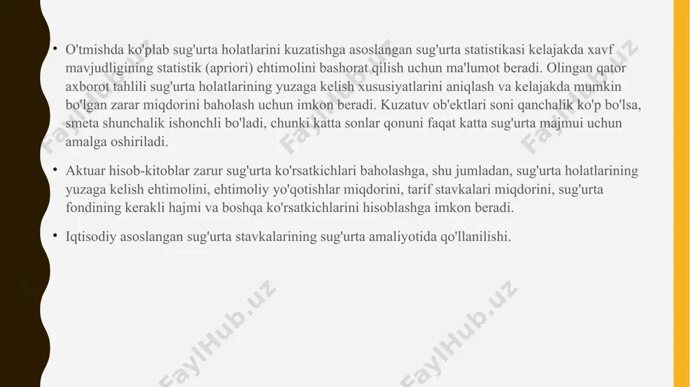 tavka qo'shimcha ravishda sug'urta davri oxirida to'lanadigan sug'urta summasi to'plangan yig'ma komponentni o'z ichiga oladi. sug'urta stavkalarini hisoblashda risk va jamg'arib boriladigan sug'urta o'rtasida farq mavjud. xavfli sug'urta turlari uchun tarif stavkalarini hisoblash usullarini ko'rib chiqamiz: 1. ko'rib chiqilayotgan sug'urta turi bo'yicha statistika quyidagilarnı baholash imkonini beradi: q-bitta sug'urta shartnomasi bo'yicha sug'urta hodisasi ehtimoli; s-bitta sug'urta shartnomasi bo'yicha o'rtacha sug'urta summasi; sb- sug'urta hodisasi yuz berganida bitta sug'urta shartnomasi bo'yicha o'rtacha qoplanish. 2. bir voqea bir necha sug'urta holatlariga sabab bo'lsa, hech qanday vayronakor hodisalar bo'lmaydi. 3. tariflarni hisoblash sug'urtalanuvchilar bilan tuzilishi kerak bo'lgan oldindan ma'lum bo'lgan n shartnoma miqdori bilan amalga oshiriladi. ushbu sug'urta turi bo'yicha statistika mavjud bo'lsa: q = m / n bu yerdan n - o’tmishda ma'lum bir vaqt uchun tuzilgan shartnomalarning umumiy soni: m – n shartnomalar sug'urta holatlari soni; si – i-chi shartnomani tuzishda sug'urta summasi; i = 1, 2 ,...,n sbk – k-chi …