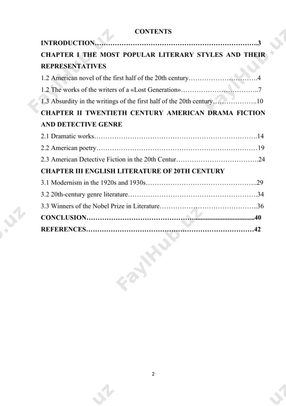 d, the state of yugoslavia. writers react to all these historical events, including in america. new styles and works that demonstrate them are the product of the influence of these historical events. they try to analyze the experience, draw conclusions. the aim of the work is to study the main directions of the us literature in the first half of the 20th century and their representatives. the object of the study is american literature. the subject of the study is works written in the first half of the 20th century in the united states. to fulfill the intended goal, the following tasks are set: 1) to study the situation in society at this stage in history; 2) to trace the interrelation of historical events and their reflections in the literature; 3) to distinguish the main literary styles and describe their main features and representatives. chapter i the most popular literary …