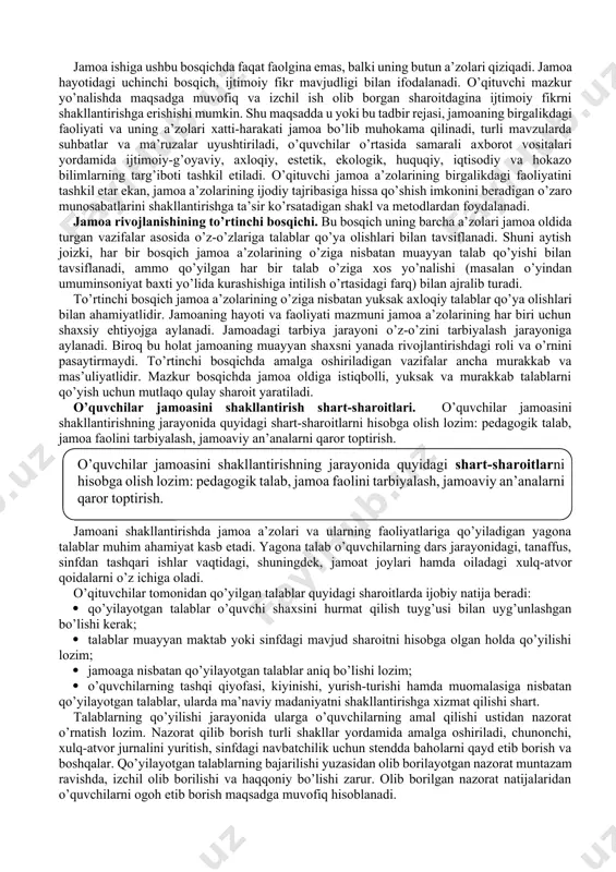 arkibida eng barqaror bo’g’in – bu muayyan sinflar negizida shakllangan jamoalar sanaladi. sinf jamoasi tarkibida o’quvchilar tomonidan amalga oshiriluvchi asosiy faoliyat o’qish faoliyati sanaladi. aynan sinf jamoasida shaхslararo aloqa va munosabatlar tarkib topadi. shuningdek, sinflar jamoalari negizida maktab jamoasi shakllanadi. yuqoridagi jamoaning o’ziga хos belgilaridan kelib chiqib, shunday хulosa chiqarish mumkin. o’quvchilar jamoasi – bu ijtimoiy ahamiyatga ega yagona maqsadni ko’zda tutuvchi, birgalikdagi faoliyatni tashkil etuvchi, umumiy saylab qo’yilgan organiga ega bo’lgan, mustahkamlik, umumiy javobgarlik bilan ajralib turuvchi, barcha a’zolarining huquq va majburiyatlarda tengligi sharoitida majburiy aloqadorlikka ega bo’lgan o’quvchilar guruhidir. jamoani shakllantirish bosqichlari. jamoani shakllantirish muayyan qonuniyatlarga bo’ysunadigan uzoq muddatli murakkab jarayondir. o’quvchilar jamoasini shakllantirish to’rt bosqichda amalga oshiriladi. jamoa shakllanishining birinchi bosqichi. mazkur bosqichda talab faqat o’qituvchilar tomonidan qo’yiladi. bu jamoa rivojlanishining boshlang’ich nuqtasidir. ushbu davrdagi jamoa hali tarbiyalovchi jamoa bo’lmay, balki «tashkil etuvchi birlik» (sinf yoki guruh) hisoblanadi. ushbu bosqichda o’quvchilar o’qituvchi tomonidan talablarning qo’yilishiga e’tiborsiz qaraydilar. …