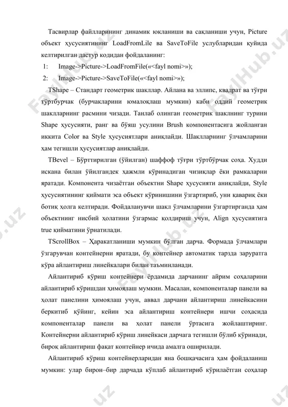 ши мумкин (сана, вақт, телефон рақами ва ҳ.к.). editmask ҳусусияти жорий ниқоб кодини cақлайди. ниқоблар муҳаррири дарчаси (4.2.1–расм) ушбу ҳусусият қийматлари графасида тугма билан очилади. tmaskedit компонентаси tcustommaskedit синфининг тўғридан-тўғри ҳосиласидир. у сатрлар ёки устунлар бўйича белгили кетма-кетликларни акс эттириш учун мўлжалланган мунтазам (регуляр) тўрни яратади. 4.2.1 – расм: ниқоблар муҳаррири дарчаси. ниқоблар яратишда қуйидаги белгилардан фойдаланилади: ! – ушбу белги шаблонда керакли бўлган белгиларнинг олдига қўйилади, агарда белги керак бўлмаса шаблондан кейин қўйилади; > – ушбу белги киритилаётган белгиларни автоматик тарзда юқори регистрга ўтказади; — белгиларни ўтказишни тўхтатиш; \ — ушбу белги кейинги белгининг ўзи шаблонда акс эттирилади; l — ушбу белгининг ўрнида харфлар киритилишини белгилайди; l — ушбу белгининг ўрнида харфлар киритилишини белгилайди, лекин белгилар охиригача киритилиши охиригача киритилиши шарт эмас; a — ушбу белги харфлар ёки рақамлар киритилиши учун шаблон тайёрлайди; a — ушбу белги харфлар ёки рақамлар киритилиши учун шаблон тайёрлайди ва яна бўш жой қолидириш …