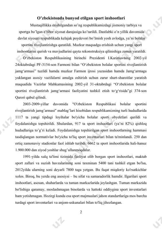a samaradorlik hamdir. ilgarilari sport inshootlari, asosan, shaharlarda va tuman markazlarida joylashgan. tuman markazida bo'lishiga qaramay, moslashmagan binolarda va hattoki oddiygina sport inventarlari ham yetishmagan. hozirgi kunda esa sport majmualari jahon standartlariga mos barcha turdagi sport inventarlari va anjom-uskunalari bilan to'liq jihozlangan. namangandagi "barkamol avlod" sport majmuasi zamonaviy sport muassasalaridan biridir. mazkur majmua tarkibiga kiradigan stadion, yopiq suv havzasi va bir nechta sport zallari bilan birgalikda, zamonaviy sport inventarlari bilan jihozlangan. o'zbekiston respublikasining birinchi prezidenti i.karimovning qarori bilan tasdiqlangan namangan shahrini obodonlashtirish dasturini amalga oshirish yo'lida qurilgan mazkur sport obyekti eng yuksak xalqaro standartlarga javob beradi (103, 104, 105rasmlar). sport majmuasi 4,5 ga maydonda yastanib yotibdi. bu yerda barcha sport turlari bilan shug’ullanish uchun hamma shart-sharoitlar: yopiq suv havzasi, standart futbol maydoni, mini-futbol va gandbol uchun zallar, tennis korti, yengil atletika maneji va ko'pgina boshqa inshootlar mavjud. 103-rasm. namangan viloyatida barpo etilgan sport majmuasi 104-rasm. namangandagi barkamol avlod sport majmuasining …