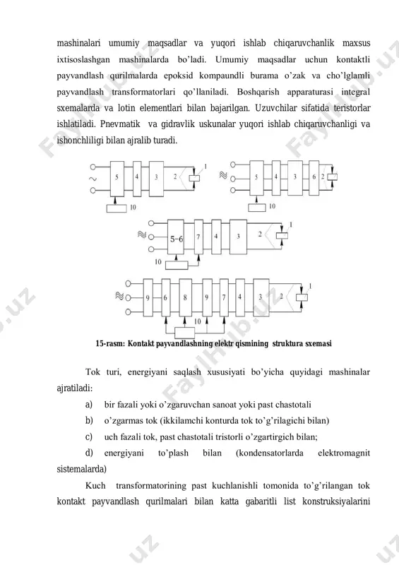 id kompaundli burama o’zak va cho’lglamli payvandlash transformatorlari qo’llaniladi. boshqarish apparaturasi integral sxemalarda va lotin elementlari bilan bajarilgan. uzuvchilar sifatida teristorlar ishlatiladi. pnevmatik va gidravlik uskunalar yuqori ishlab chiqaruvchanligi va ishonchliligi bilan ajralib turadi. 15-rasm: kontakt payvandlashning elektr qismining struktura sxemasi tok turi, energiyani saqlash xususiyati bo’yicha quyidagi mashinalar ajratiladi: a) bir fazali yoki o’zgaruvchan sanoat yoki past chastotali b) o’zgarmas tok (ikkilamchi konturda tok to’g’rilagichi bilan) c) uch fazali tok, past chastotali tristorli o’zgartirgich bilan; d) energiyani to’plash bilan (kondensatorlarda elektromagnit sistemalarda) kuch transformatorining past kuchlanishli tomonida to’g’rilangan tok kontakt payvandlash qurilmalari bilan katta gabaritli list konstruksiyalarini alyuminiy qotishmalarida titanlar issiqbardosh va zanglamaydigan po’latlarni payvandlashda bir qator texnologik afzalliklarga ega. 3. tajriba qurilmasi tuzilishi: kuch transformatorining past kuchlanishli tomonida to’g’rilangan tok kontakt payvandlash qurilmalari bilan katta gabaritli list konstruksiyalarini alyuminiy qotishmalarida titanlar issiqbardosh va zanglamaydigan po’latlarni payvandlashda bir qator texnologik afzalliklarga ega. 4. tajriba ishini bajarish tartibi "p" o’zgichini …