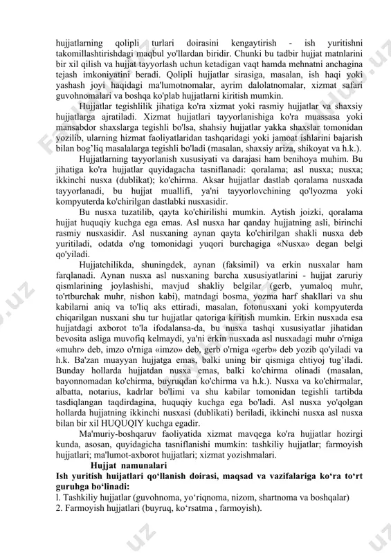 sosini tashkil qiladi. hujjatlarni tayyorlashda qog’ozlarning shakli, o’lchami ham ahamiyatga ega. ish qog’ozlarining chap tomonida 20mm, yuqorida kamida 10mm, o’ng va past tomonida 8-10mm bo’sh joylar bo’lishi kerak. bosma ish qog’ozlari 2 ta turga bo’linadi. 1)umumiy blanka, 2) xat blankasi. umumiy blanka-bosma ish qog’ozining farqi shundaki, unda “tashkilot nomi”dan keyin aloqa bo’linmasining ko’rsatgichi, pochta va telegraf manzili, faks, telefon raqami, bankdagi hisob raqami bo’lmaydi. rasmiy xizmat blanklari-firma (firmenniy) blankasi deb yuritiladi, chunki ayrim, masalan, dalolatnoma, ma’lumotnoma, ishonchnoma hujjatlari kseriya nusxa qilinib, ish yuritishda ishlatiladi, bular ham ish qog’ozlari hisoblanadi. hujjat matnlari mazmunan lo’nda, ixcham bayon qilingan, asosan, sodda gap tuzilishiga ega bo’lishi talab qilinadi. matnlar asosan, ikki qismga bo’linadi. birinchi qism asoslash, keyingisi esa xulosa qismlari. hujjat turlari va xususiyatlari. boshqaruv jarayonining murakkabligi va serqirraligiga muvofiq ravishda idoraviy ish yuritish qog’ozlari, hujjatlar ham hilma-hil va miqdoran juda ko'p. hujjatlarning maqsadi, yo'nalishi, hajmi, shakli va boshqa bir qator sifatlari ham turlichadir. …