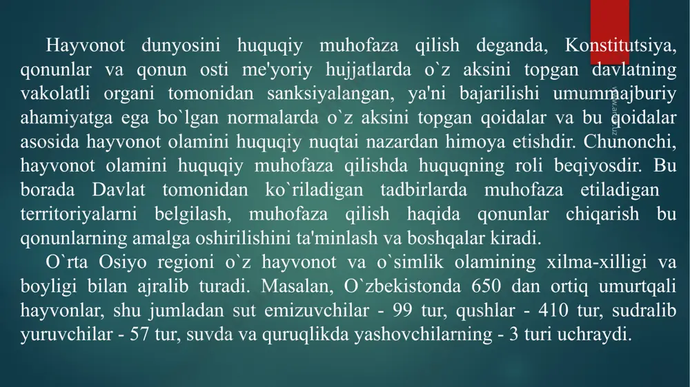 mumiy ahamiyatga ega. www.arxiv.uz masalan, barcha suv havzalarida fuqarolarga sport va havaskorlik maqsadida shaxsiy iste'mol uchun belgilangan qoidalarga amal qilgan holda bepul baliq ovlashga ruxsat etiladi. hayvonot dunyosi obyektlaridan maxsus foydalanish letsenziya asosida amalga oshirilib, pullik tizim amalda bo`lgan holda hukumat tomonidan amalga oshiriladi. a'zolik badallarini va davlat bojini to`laganlik to`g`risida belgi qo`yilgan ovchilik bileti, belgilangan tartibda belgilangan litsenziya, ruxsatnoma yoki yo`llanma sport-havaskorlik maq-sadida ov qilish huquqini beruvchi guvohnoma hisoblanadi. istisno hollarda fuqaroligi bo`lmagan shaxslarga yo`llanmalar, belgilangan ruxsatnomalar bo`yicha ov qilish huquqi berilishi mumkin. qonunning 16-moddasiga binoan hayvonot dunyosidan foydalanuvchilariga quyida keltirilgan huquqlar beriladi va majburiyatlar yuklatiladi: www.arxiv.uz huquqlar: - hayvonot dunyosi obyektlaridan ularni berib qo`yish shartlariga muvofiq foydalanish; - tutib olingan hayvonot dunyosi obyektlariga va ulardan olingan mahsulotga nisbatan mulkdorlik bo`lish; - yuridik shaxslarga hayvonot dunyosi obyektlaridan belgilangan normalar doirasida foydalanish uchun ruxsatnomalar berish va shartnomalar tuzush; - ov va baliq mahsulotini qayta ishlash hamda hayvo-not dunyosi obyektlaridan buyumlar …