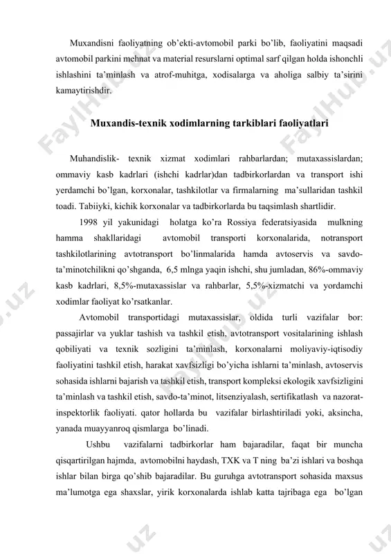ga qo’shib bajaradilar. bu guruhga avtotransport sohasida maxsus ma’lumotga ega shaxslar, yirik korxonalarda ishlab katta tajribaga ega bo’lgan haydovchilar, hamda boshqa sohalardan kelgan jiddiy kasbiy tayyorgarlikka muhtoj shaxslar kiradi. ommaviy kasb kadrlari xodimlarning ikki asosiy guruhini o’z ichiga oladi: - xavfli yuklarni tashishga va v,s,d,ye toifali transport vositalarini boshqarishga huquqi bor haydovchilar; - ta’mirlash ishchilari: avtochilangar (ajratish,yig’ish,sozlash ishlari); avtoelektrik-chilangar; akkumulyatorchi, kamera yamoqchisi, gaz va elektr payvandchisi bo’yokchi, yonilg’i apparaturasi bo’yicha avtochilangar va h.k. ularning malakasiga qarab tegishli razryad beriladi. qator hollarda txk va tda haydovchilar qatnashadilar. «avtomobil transporti» kichik tarmog’ida muhandis-texnika xizmatiga 29% gacha, txk va tda qatnashayotgan haydovchilarni hisobga olgan holda esa - 37%gacha avtomobil transporti xodimlari to’g’ri keladi (1-jadval). 1-jadval. «avtomobil transporti» kichik tarmog’i xodimlarini taxminiy tarkibi, %. atk xodimlar yuk tashuvchi passajir tashuvchi hammasi shu jumla-dan mtx xammasi shu jumla-dan mtx haydovchilar konduktorlar ta’mirlash ishchilari yordamchi ishchilar rahbarlar va mutahasislar xizmatchilar boshqalar 57,0 - 16,5 9,8 9,7 …
