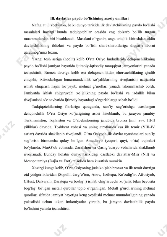 g’.) ishlab chig’aruvchi xo’jalik bilan bevosita bog’lig’ bo’lgan metall qurollar topib o’rganilgan. metall g’urollarining mehnat qurollari sifatida jamiyat hayotiga keng yoyilishi mehnat unumdorligining yanada yuksalishi uchun ulkan imkoniyatlar yaratib, bu jarayon davlatchilik paydo bo’lishini yanada tezlashtirdi. so’nggi bronza davriga kelib kulolchilik charxining ishlatila boshlanishi natijasida sopolli, oltintepa, gonur, jarg’o’ton kabilarda kulolchilik mahallalari paydo bo’ladi. shuningdek, hunarmandchilikning toshga, metallga, yog’ochga, suyakka ishlov berish turlari ham keng targ’aladi. xunarmandchi-likning ixtisoslashuvi, alohida xo’jalik tarmog’i sifatida shakllanib rivojlanishi jamiyatdagi iqtisodiy taraqqiyot uchun muhim ahamiyatga ega bo’lib, davlatchilik paydo bo’lishi uchun muhim bo’lgan qo’shimcha mahsulot ko’payishiga turtki bo’ldi. o’rta osiyo hududlarida yashagan aholi qadimgi davrlardan boshlab o’zaro munosabatlarni rivojlantirib kelganlar. bronza davriga kelib shimoldagi ko’chmanchi chorvador g’abilalar va janubdagi o’trog’ dehg’onchilik aholisi o’rtasida o’zaro mol ayirboshlash va madaniy alog’alar yanada jadallashdi. bu o’rinda o’sha davrda shakllanib keyinchalik yanada rivojlangan g’adimgi yo’llarning ahamiyati beg’iyos bo’ldi. bu yo’llar org’ali o’rta osiyo g’adimgi aholisi mintag’adan tashg’ari g’o’shni davlatlar …