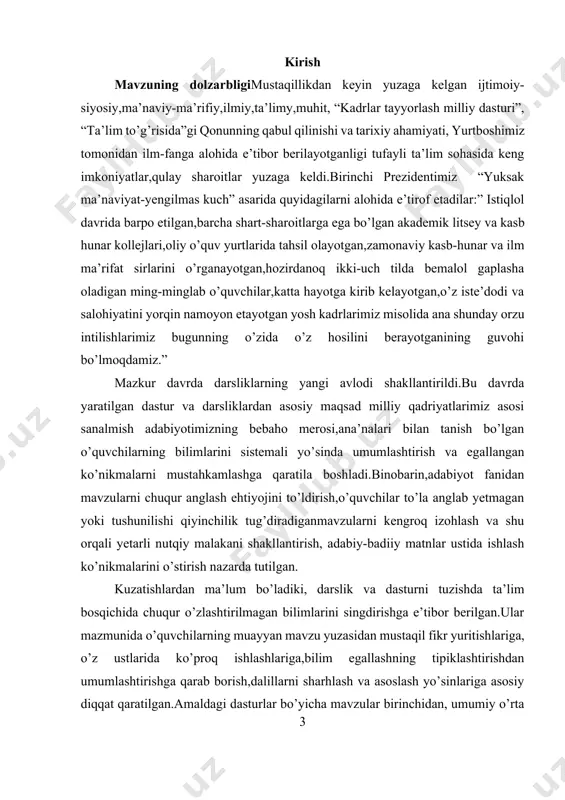 da ta’limiy o’yin texnologiyalaridan foydalanishga ham aloqador.mazkur holat ishimiz dolzarb mavzulardan biriga bag’ishlanganligi ko’rsatadi,albatta. mavzuning o’rganilishi: adabiyot darslarining tashkil etishning ilmiy metodik asoslari haqida s.dolimov,a.zunnunov,q.yo’ldoshev, b.to’xliyev,r.niyozmetova,m.mirqosimova va boshqalarning ilmiy tadqiqot ishlarida atroflicha fikr yuritilgan.ammo adabiyot darslarida ta’limiy o’yinlardan foydalanish xususida alohida tadqiqotlar amalga oshirilgan emas. kurs ishining ob’ekti va predmeti: ushbu tadqiqotda obyekt qilib,5-11-sinflar hamda akademik litseylar uchun tayyorlangan adabiyot darsliklari olindi.uning predmeti esa darslik materiallari bilan chambarchas bog’liqlikda xarakterlanadi. kurs ishining maqsadi va vazifalari: tadqiqotdan ko’zlangan maqsad 5-11-sinflar hamda akademik litseylar darslik materiallarida taniqli ijodkor va jamoat arboblari hayoti va ijodi haqidagi materiallarning berilishi, asarlaridan keltirilgan materiallar, ular uchun ajratilgan soatlar miqdori,tuzilgan savol va topshiriqlar ustida ishlash ta’limiy o’yinlardan foydalanish hamda ularning o’quvchi bilim olishidagi ahamiyati kabi metodik masalarni o’rganishga qaratilgan. mazkur maqsadga erishish uchun quyidagi vazifalarni belgilab oldik: · umumiy o’rta ta’lim maktablari dastur va darslikdan berilgan mavzularni sinchiklab o’rganish; · adabiy ta’limda ta’limiy o’yinlardan foydalanish xususida mavjud …