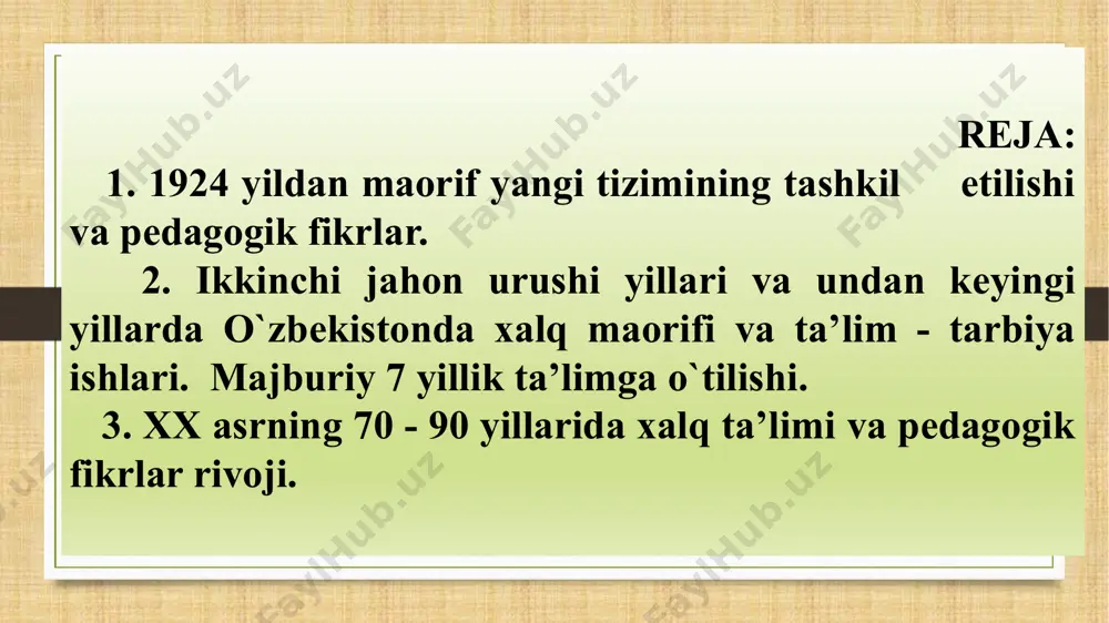 k bilan islohotlami amalga oshirish yuzasidan bir qancha takliflar ilgari surildi. toshkentda 1917-yil 9—14 may kunlari o'qituvchilarning 1-o'lka qurultoyi bo'lib, bunda «turkiston o'qituvchilar ittifoqi» tashkil etildi. hukumatning xalq maorifi sohasidagi yangi siyosatiga javoban ulkada juda ko`plab maktablar ochilib, o`quvchilar soni ancha oshgan. 1918 yili toshkentda o`lka maorif xodimlarining se’zdi ochilib, xalq maorifini qayta qurish bo`yicha tadbirlar belgilangan. "mehnat maktablari" deb atalgan maktablar ochildi. yangi tipdagi maktablar vujudga kela boshladi. 1918 yil bahoriga kelib respublikada ishlab turgan maktablarning soni 330 taga yetdi. xx asrning 70 - 90 yillarida xalq ta’limi va pedagogik fikrlar. 70-yillarga kelib respublikaning oliy va o’rta maxsus хalq хo’jaligi va мadaniyat talablariga javob beradigan мutaxassislar tayyorlashda мuayyan natijalarga erishdilar. йилдан-йилга талабалар сони ортиб борди. 1971-1975 yillarda 182 ming mutaxassis oliy o’quv yurtlarini tugatdi. 1985 yilda oliy o’quv yurtlarining soni 42 taga yetdi. 80-yillarninig o’rtalarida o’rta maxsus o’quv yurtlarida 282 ming o’quvchi ta’lim olgan. 90-yillarda esa oliy ta’limni bitiruvchilar …