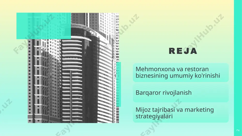 xonalar. bu mehmonxonalar odatda kichik bo'lib, unikal dizayn va shaxsiylashtirilgan xizmatlar bilan ajralib turadi. 6 restoran turlari juda qimmat restoranlar: yuqori darajadagi taomlar va xizmatlar bilan ta'minlaydi, odatda yuqori narxlarda. bu restoranlar odatda yuqori darajadagi mijozlar uchun mo'ljallangan bo'lib, yuqori sifatli taomlar va xizmatlarni taqdim etadi. oilaviy restoranlar: barcha yoshdagi mijozlar uchun qulay muhit va keng menyu bilan ta'minlaydi. bu restoranlar odatda oilaviy muhitda bo'lib, barcha yoshdagi mijozlar uchun qulay va keng menyu bilan ta'minlaydi. fast-food restoranlar: tez va arzon taomlar bilan ta'minlaydi, odatda tez xizmat ko'rsatish uchun mo'ljallangan. bu restoranlar odatda tez va arzon taomlar bilan ta'minlaydi. tematik restoranlar: muayyan mavzuga asoslangan dizayn va menyu bilan ta'minlaydi, masalan, dengiz mahsulotlari, italyan taomlari yoki vegetarian taomlar. bu restoranlar odatda muayyan mavzuga asoslangan bo'lib, unikal dizayn va menyu bilan ajralib turadi. kafelar va qahvaxonalar: kichik va qulay joylar, odatda qahva, choy, tort va yengil taomlar bilan ta'minlaydi. bu joylar odatda kichik …