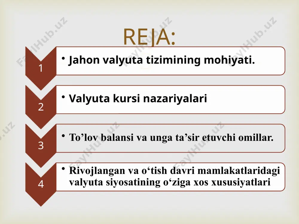 lar oqimi, ilmiy-texnikaviy mahsulotlarni ayiriboshlash, turizm va x.k.) xizmat qilishi bilan bog’liq iqtisodiy munosabatlardir.  jahon valyuta tizimining rivojlanish bosqichlari  birinchi bosqich 1879-1934 yillarni o’z ichiga olib, bunda olim standart sifatidagi pul tizimi ustunlikka ega bo’lgan. ikkinchi bosqich 1944-1971 yillarni o’z ichiga olib, bunda oltin-devizli (breton-vudsk tizimi deb nomlanuvchi) tizim ustunlikka ega bo’lgan. bu ikki tizim qayd qilinadigan valyuta kurslariga asoslangan. uchinchi bosqich 1971 yilda tashkil topgan bo’lib, bu tizim boshqariladigan, suzib yuruvchi valyuta tizimi nomini oldi. chunki davlat ko’pincha o’z valyutalarining xalqaro qiymatini o’zgartirish uchun valyuta bozorining faoliyat qilishiga aralashadi. валюта курси бу бир мамлакат валютасининг бошқа мамлакат валютасидаги ифодаланишидир. валюта курсларига бевосита таъсир кўрсатувчи омиллар  1 миллий даромад ва ишлаб чиқариш харажатлари даражаси; 2 миллий истеъмолчиларнинг реал харид қилиш лаёқати ва мамлакатдаги инфляция даражаси; 3 валюталарга талаб ва таклифга таъсир кўрсатувчи тўлов баланси ҳолати; 4 мамлакатдаги фоиз ставкаси даражаси; 5 валютага жаҳон бозоридаги ишонч ва ҳ. …