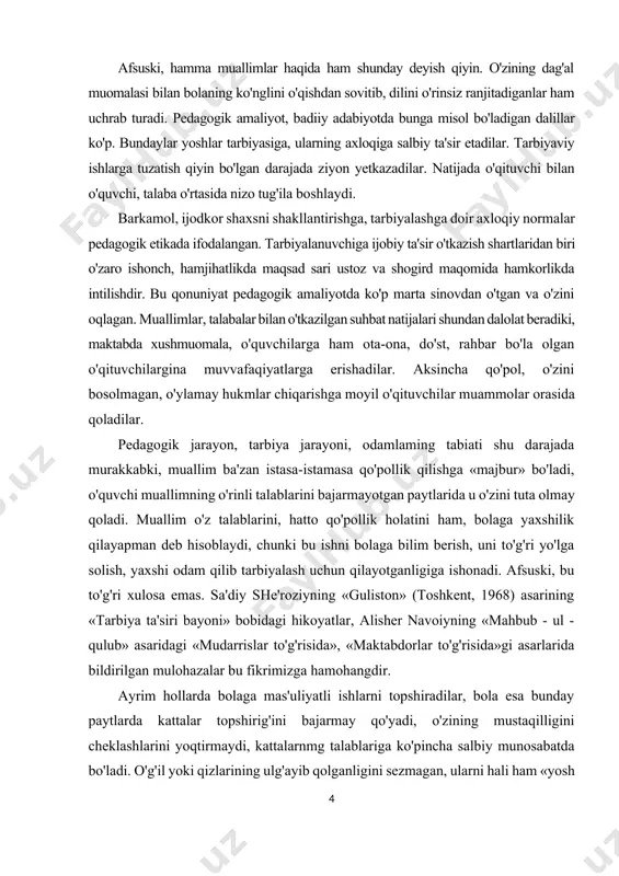 she'roziyning «guliston» (toshkent, 1968) asarining «tarbiya ta'siri bayoni» bobidagi hikoyatlar, alisher navoiyning «mahbub - ul - qulub» asaridagi «mudarrislar to'g'risida», «maktabdorlar to'g'risida»gi asarlarida bildirilgan mulohazalar bu fikrimizga hamohangdir. ayrim hollarda bolaga mas'uliyatli ishlarni topshiradilar, bola esa bunday paytlarda kattalar topshirig'ini bajarmay qo'yadi, o'zining mustaqilligini cheklashlarini yoqtirmaydi, kattalarnmg talablariga ko'pincha salbiy munosabatda bo'ladi. o'g'il yoki qizlarining ulg'ayib qolganligini sezmagan, ularni hali ham «yosh bola» deb hisoblaydigan oilalarda o'smir bilan kattalar o'rtasida tez-tez nizolar, to'qnashuvlar vujudga keladi. kattalar bolaga qanday munosabatda boiishlari kerak? avvalo, bolaning xulqiga doimiy e'tibor berish, uning xulqiga qat'iy, uzluksiz rahbarlik qilish, shuningdek, bularning hammasini shunday amalga oshirish kerakki, bola mayda-chuyda ishlarida ham kattalarning vasiyligini sezmasin. ayniqsa, o'smir yoshidagilar ularning hayotdagi yangi mavqelari bilan hisoblashadigan, ularni «kichkina» deb hisoblamaydigan, talabchan, lekin adolatli o'qituvchilarni hurmat qiladilar. katta yoshli bolalar uchun qiziqishlarinhig turli-tumanligi xarakterlidir. bu qiziqishlar to'g'ri tarbiyalansa, o'smirlar qobiliyatlari va mayllarining rivojlanisbiga jiddiy ta'sir ko'rsatishi mumkin. o'qituvchining o'quvchi-talabalar bilan ish …