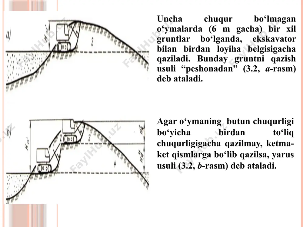 iyalik 10‰ bo‘lgan joyda 60-70% ga teng bo‘ladi. pastga qiyalik bilan ishlashda tortish kuchining oshishi gruntni ko‘proq tasmali yoki qoziqli shaklda kavlashga imkon beradi. ag’dargich oldidagi grunt hajmi 50% dan ko‘p oshadi. buldozer qiyaligi 30‰ gacha bo‘lgan yo‘l bo‘lagida, gruntni qirqishda yuqoridan pastga harakatlanib va orqaga harakatlanganda tepalikka ko‘tarilib, ishlashi mumkin. gruntni qirqish va to’plash jarayoniga 12-18 s vaqt ketadi. yotqiziladigan joyga gruntni surish uni ag’dargicholdiga to’plash tugallangandan so‘ng darrov boshlanadi. gruntlarni surishda yo‘qotilishni kamaytirish uchun ikki usul qo‘llanadi: gruntni tabiiy holatida transheya bo‘yicha; buldozerni oldingi o‘tishida to‘kilgan grunt to‘plamidan xosil bo‘lgan transheya bo‘yicha. buldozer bilan bitta izdan bir necha marotaba o‘tib kavlashidan gruntda transheya xosil qilinadi. e’tiboringiz uchun raxmat!!! image2.png image3.png image4.png image5.png image6.png image7.png image8.png image9.png image10.png image11.png image12.png /docprops/thumbnail.jpeg
