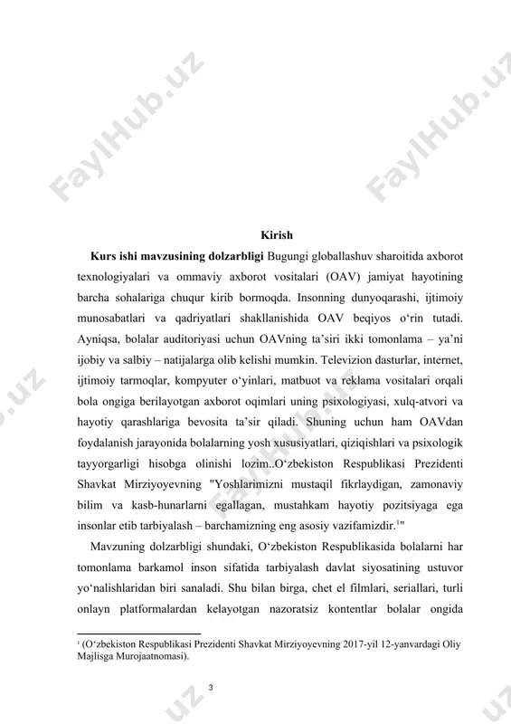 oavning ijobiy jihatlari va imkoniyatlarini yoritgan bo‘lsa, n. to‘xtaxodjayeva axborot oqimlarining salbiy ta’siri, axloqiy qadriyatlarga tahdidlari haqida ilmiy tahlillar bergan. m. usmonov va boshqa tadqiqotchilar esa internet va ijtimoiy tarmoqlarning bolalarga ko‘rsatayotgan ijobiy va salbiy oqibatlarini psixologik hamda pedagogik nuqtayi nazardan o‘rganganlar. biroq bugungi kunda raqamli texnologiyalar, sun’iy intellekt va virtual olamning tez rivojlanishi natijasida bolalarning oavdan foydalanish xatti-harakatlari ham o‘zgarib bormoqda. shu sababli, mazkur mavzu hali ham to‘liq o‘rganilmagan bo‘lib, qo‘shimcha ilmiy izlanishlar talab etadi. kurs ishi mavzusining nazariy va amaliy ahamiyati mazkur kurs ishining nazariy ahamiyati shundaki, u ommaviy axborot vositalarining bolalar ijtimoiy tarbiyasidagi o‘rnini ilmiy asosda tahlil qiladi. tadqiqot natijalari pedagogika, psixologiya va sotsiologiya fanlarida media tarbiya masalalarini o‘rganishda qo‘shimcha manba bo‘lib xizmat qilishi mumkin. shuningdek, ilmiy adabiyotlarda mavjud nazariy qarashlar umumlashtirilib, oavning ijobiy va salbiy ta’sir mexanizmlarini izohlashga yangi yondashuv taklif etiladi. bu esa kelgusida media tarbiya konsepsiyasini yanada rivojlantirish uchun nazariy asos yaratadi. amaliy ahamiyati …