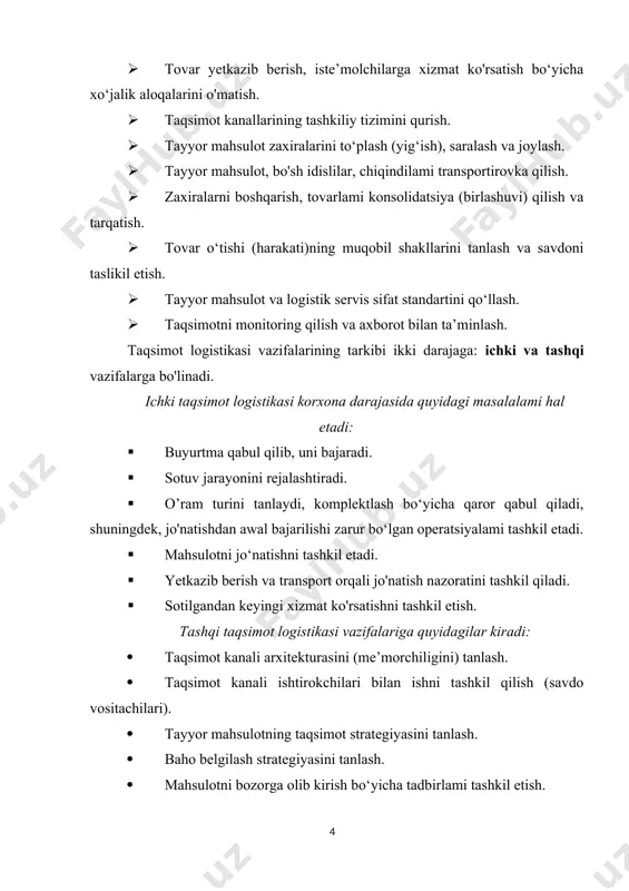shuni ko‘rsatadiki, sotuvni logistik modellashtirish ma’lum bir tamoyillarga amal qilinsa yetarli darajadagi samaradorlikni oshirishga olib keladi. bn tamoyillar logistik modellashtirish deb ataladi. logistik modellashtirish tamoyillarini quyidagilarga bo'lish mumkin: tizimli; yaxlitlik; iyerarxiyaga oid; funksionallik; maqsadga yo'naltirilganlik; boshqaruvchanlik; adekvallik; kuzatiluvchanlik; alternativlik; komplekslilik. iqtisodiy xususiyatlari murakkab bo‘lgan sotuv jarayonini modellashtira oladigan eng muhim prinsip bu tizimlilik prinsipidir. sotuv tizimi bu elementlarning erkin yig‘indisi emas, balki birbiri bilan bog‘langan, muvofiqlashgan bir yaxlitlikning qismlaridir. bu prinsip asosida logistik model barcha umumiy maqsadga yo‘nalgan elementlarni o‘z ichiga olishi kerak. yaxlitlilik prinsipi hcch bir tizimni tashkil etuvchi qismlarda yo‘q xususiyatlarga tizimning ega bo’lishidir. masalan, ombor voki transport sexi yoki o‘rash sexi alohida olganda tugallangan sotish (xaridoming to‘lovga layoqatlilik talabini firma daromadini maksimallashtirib qoniqtiradigan) jarayonini amalga oshira olmaydi. iyerarxiyalik prinsipi alohida elementlar orasida vakolatlar taqsimlanishi bo‘yicha qarama-qarshiliklarsiz ko‘p pog'onali sotuv tizimini amalga oshirish imkoniyatini beradi. bu prinsipni ketmaketlikda amalga oshirish jarayonida tizimning har bir alohida bo'limlari o‘z oldiga …