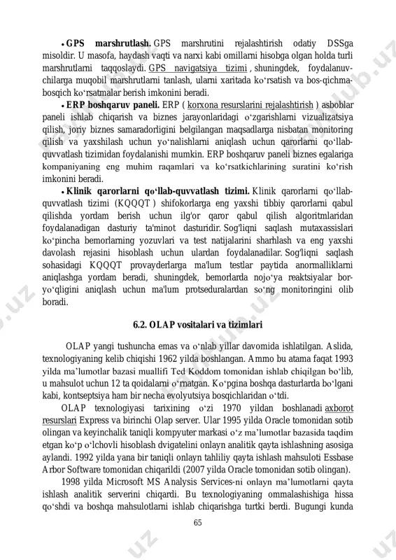 hun ma'lumotlarga asoslangan qqqt'lardan foydalanadilar. ba'zilari kelajakda jinoiy xatti-harakatlar ehtimolini bashorat qilish kabi davlat sektorida qarorlar qabul qilishda yordam berish uchun ishlatiladi. modelga asoslangan qqqt. asosiy qaror modeli asosida qurilgan, modelga asoslangan qarorlarni qo‘llab-quvvatlash tizimlari ushbu talablarga javob beradigan turli stsenariylarni tahlil qilishda yordam berish uchun oldindan belgilangan foydalanuvchi talablari to‘plamiga muvofiq moslashtirilgan. misol uchun, modelga asoslangan qqqt moliyaviy hisobotlarni rejalashtirish yoki ishlab chiqishda yordam berishi mumkin. muloqotga asoslangan va guruhli dss. muloqotga asoslangan va guruh qarorlarini qo‘llab-quvvatlash tizimi turli xil aloqa vositalaridan foydalanadi -- elektron pochta, lahzali xabar almashish yoki ovozli chat -- bitta vazifada bir nechta odamga ishlash imkonini beradi. ushbu turdagi qqqtning maqsadi foydalanuvchilar va tizim o‘rtasidagi hamkorlikni oshirish va tizimning umumiy samaradorligi va samaradorligini oshirishdir. bilimga asoslangan qqqt. ushbu turdagi qarorlarni qo‘llab-quvvatlash tizimida tizimni boshqaradigan ma'lumotlar bilimlarni boshqarish tizimi tomonidan doimiy ravishda yangilanadigan va qo‘llab-quvvatlanadigan bilimlar bazasida joylashgan. bilimga asoslangan qqqt foydalanuvchilarga kompaniyaning biznes jarayonlari va …