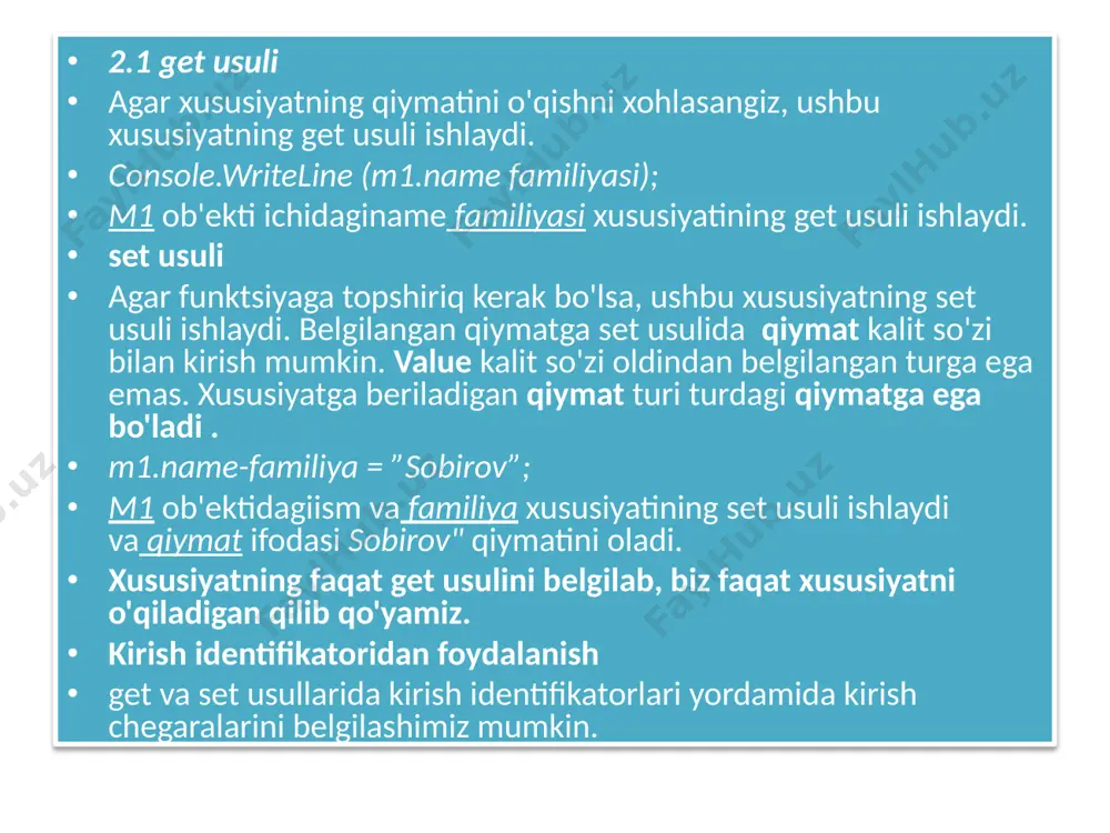 ri bo'ladi xavfsiz standart qiymat berilgan (booleans uchun noto'g'ri va raqamli ma'lumotlar uchun 0). ammo, agar foydalanayotgan bo'lsangiz, shuni biling boshqa sinf o'zgaruvchisini o'rash uchun avtomatik sintaksis, maxfiy xususiy mos yozuvlar turi ham o'rnatiladi standart qiymat null (agar ehtiyot bo'lmasangiz, bu muammoli bo'lishi mumkin). encapsulation-ni tushunish keling hozirgi loyihangizga ikkita avtomatik foydalanadigan garaj nomli yangi sinfni kiritaylik xususiyatlari (albatta, haqiqiy garaj sinfi avtomobil ob'ektlari to'plamini saqlab turishi mumkin, ammo bunga e'tibor bermang batafsil ma'lumot bu erda). ushbu bobda sinfni loyihalashning bir nechta texnikasi (va tegishli kalit so'zlar) tasvirlangan. eslatib o'tamiz, bu kalit so'zdan joriy ob'ektga kirishni olish uchun foydalanish mumkin, statik kalit so'z maydonlarni aniqlashga imkon beradi va sinf (ob'ekt emas) darajasida bog'langan a'zolar va const kalit so'zi (va faqat o'qish modifikatori) dastlabki topshiriqdan keyin hech qachon o'zgarib bo'lmaydigan ma'lumotlar nuqtasini aniqlashga imkon beradi. ushbu bobning asosiy qismi oopning birinchi ustunining tafsilotlarini o'rganib chiqdi: inkapsulyatsiya. siz bilib oldingiz c # …