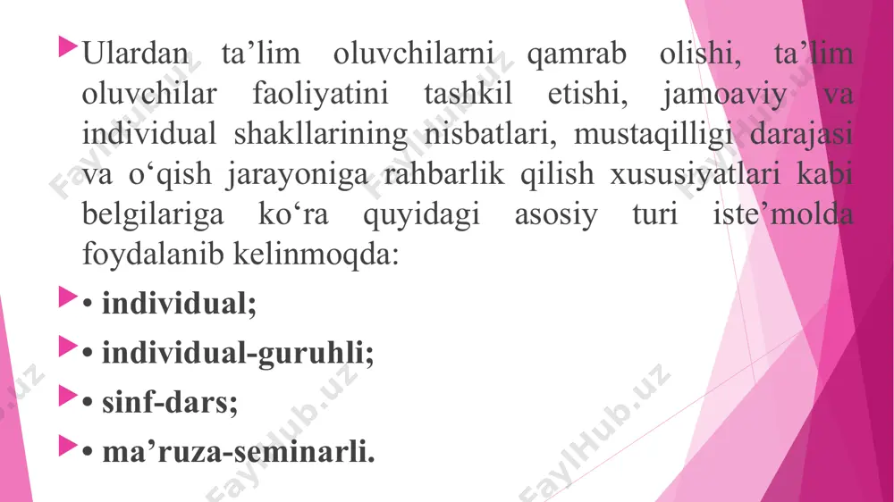 hda ta’limning tanlab o‘qitish shakli yuzaga keldi. bu aqshda batov va yevropada manncheyms tizimlarida yaqqol seziladi. xx asr boshida yevropa va aqshda ta’lim oluvchilarning individual, faol, mustaqil o‘quv ishlarini ta’minlashga qaratilgan ko‘plab ta’lim tizimlarining samaradorligi sinab ko‘rilgan. ular orasida 1905-yili massachusets shtatining dalton shahrida o‘qituvchi yelena park xerst tomonidan birinchi bor qo‘llanilgan ta’limning individuallashtirilgan tizimi e’tirof etilgan. bu tizim dalton-reja nomi bilan pedagogikaga va maktab tarixiga kirdi. bu ba’zan laboratoriya yoki ustaxonalar tizimi deb ham ataladi. bu tizimning mazmun-mohiyati quyidagilarda namoyon bo‘ladi: -o‘quv faoliyatining muvoffaqiyati maktabda ishlash sur’atining har bir ta’lim oluvchining imkoniyatlari, ularning qobiliyatlariga moslashtirilishiga bog‘liq; -ta’lim faoliyati uchun ustun turadigan o‘qishni an’anaviy tashkil etish ta’lim oluvchining mustaqil o‘quv faoliyatining markazi hisoblanishi; -ta’lim beruvchi o‘z vazifasini odob bilan bajarishi; -sinf laboratoriyalarining ustaxonalar bilan almashtirilishi, o‘qituvchining yangi materialni tushuntirmasligi, balki uni ta’lim oluvchining o‘zi laboratoriya yoki ustaxonalarda ta’lim beruvchidan olingan topshiriq asosida mustaqil shug‘ullanishlari va zarur bo‘lgan paytlarda ta’lim beruvchidan …