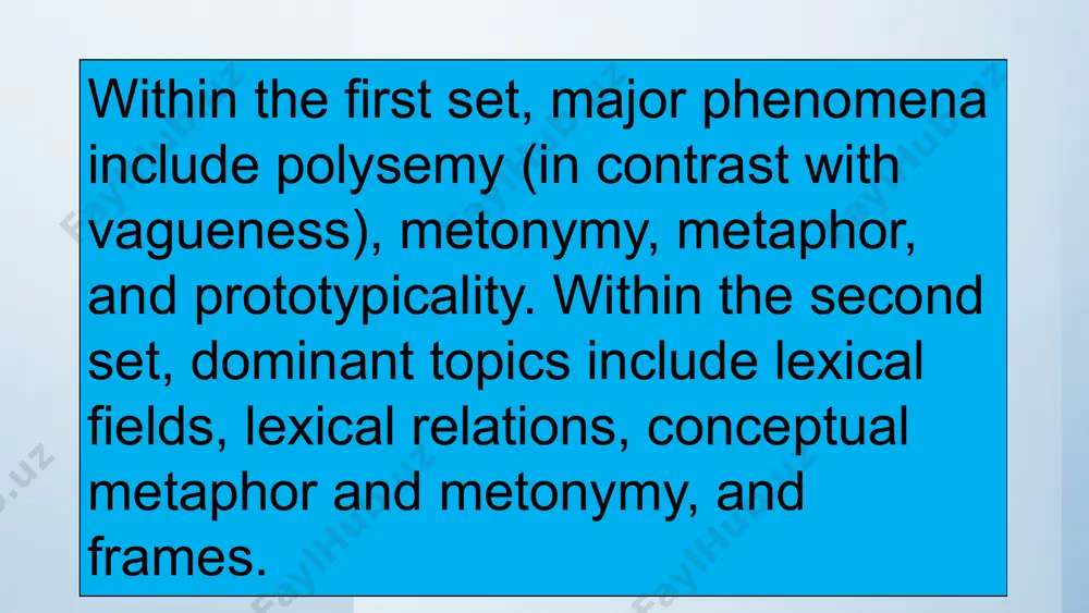 lexicography as an applied discipline. for an entry-level text on lexical semantics, see murphy (2010); for a more extensive and detailed overview of the main historical and contemporary trends of research in lexical semantics, see geeraerts (2010). the main phenomena studied by lexical semantics are organized along two dimensions. first, it makes a difference whether we look at semantic phenomena within individual words or whether we look at meaningful structures within the vocabulary as a whole. terminologically, this difference of perspective can be expressed by referring to a ‘semasiological’ and an ‘onomasiological’ perspective. (semasiology looks at the relationship between words and meaning with the word as starting point: it is basically interested in the polysemy of words. third, the definitional criterion specifies that an item has more than one lexical meaning if there is no minimally specific definition covering the extension of the item as a whole, and that it …