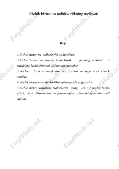 kichik biznes va tadbirkorlikning mohiyati — DOC