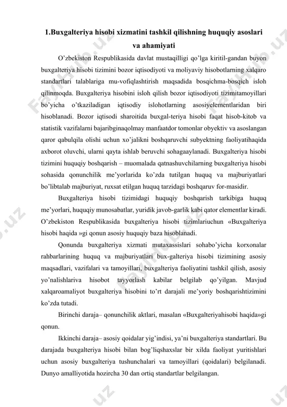 vjud xalqaroamaliyot buxgalteriya hisobini to’rt darajali me’yoriy boshqarishtizimini ko’zda tutadi. birinchi daraja– qonunchilik aktlari, masalan «buxgalteriyahisobi haqida»gi qonun. ikkinchi daraja– asosiy qoidalar yig’indisi, ya’ni buxgalteriya standartlari. bu darajada buxgalteriya hisobi bilan bog’liqshaxslar bir xilda faoliyat yuritishlari uchun asosiy buxgalteriya tushunchalari va tamoyillari (qoidalari) belgilanadi. dunyo amalliyotida hozircha 30 dan ortiq standartlar belgilangan. uchinchi daraja - mamlakat bo’yicha turli muassasalardagi har xil tarmoqlarda buxgalteriya hisobini yuritish borasida ishlab chiqilgan turlicha uslubiy ko’rsatma va tavsiyanomalar. to’rtinchi daraja - hisob ishlarini olib boradigan korxonalarda nashr etiladigan ichki ish hujjatlari va qo’llaniladigan hujjatlarni yuritish. hozirgi zamon iqtisodiy sharoitida buxgalteriya hisobiningroli o’zgardi. agar avvallari hisobning maqsadi nazorat qilishvazifasidan iborat bo’lgan bo’lsa, endilikda xalqaro milliy stan-dartlarga ko’ra, buxgalteriya hisobi va uning asosida tuzilgan moliyaviy hisobotning maqsadi undan foydalanuvchilarga to’liqva ishonchli ma’lumot taqdim etishdir. buxgalteriya ma’lumotlaridan foydalanuvchilarni uchta guruhga bo’lish mumkin. 1. tashkilot ma’muriyati – direktorlar kengashi, yuqoriboshqarmalar xodimlari, menejerlar, bo’linmalarning rahbarlariva mutaxassislari. 2. to’g’ridan to’g’ri moliyaviy …