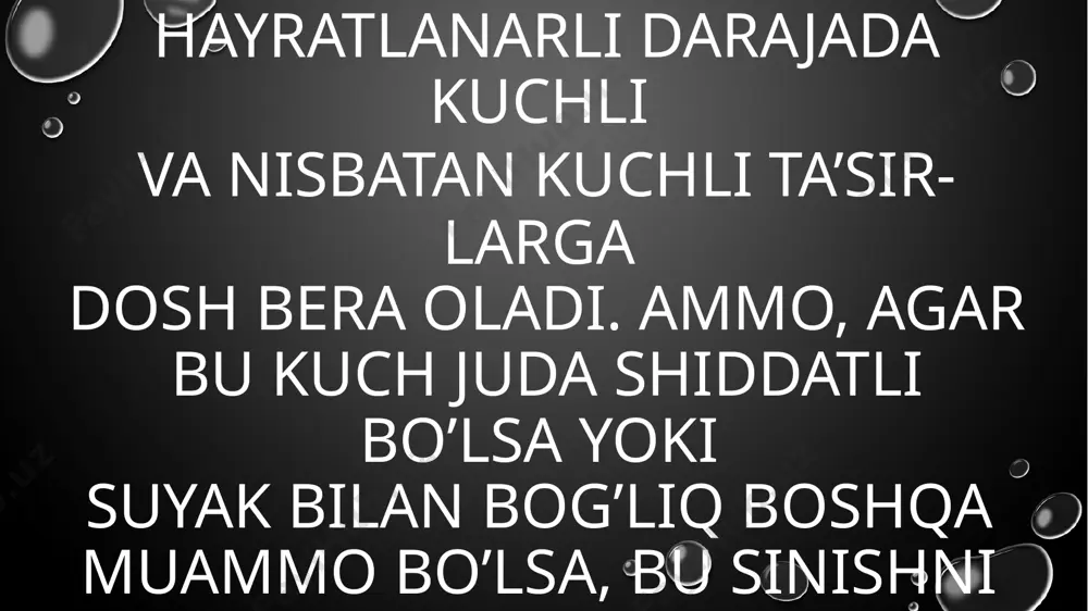 mkin. suyaklarning sinishini davolash suyaklarni tiklash — bu ko’p hollarda o’z-o’zidan paydo bo’ladigan tabiiy jarayon. ammo, singan joylarni tibbiy davolash odatda shifo topgandan keyin zararlangan hududning eng yaxshi ishlashini ta’minlash uchun amalga oshiriladi. davolash tiklanish uchun eng yaxshi sharoitlarni yaratishga harakat qilish. davolash jarayonini boshlash uchun avval singan suyaklarning uchlarini to’g’ri joylashtirish kerak. ba’zan bu operatsiyani talab qiladi. suyak to’g’ri joyda bo’lganidan so’ng, u bir muddat harakatsiz qolishi kerak. buning uchun turli usullardan foydalaniladi. gipslari yoki plastmassa shinalar suyaklarni tuzalguncha ushlab turadi. barmoqlar va oyoq barmoqlari singari kichikroq suyaklar gips bilan qoplanmaydi va odatda faqat maxsus shinalar bilan ushlab turiladi. jarrohlik zarur bo’lgan hollarda davolanish uchun po’lat plastinalar va ramkalar, shuningdek ichki metall tayoqchalar qo’llaniladi. ba’zan bolalar uchun metall yoki ugleroddan tayyorlangan moslashuvchan simlar va tashqi qo’shimchalar ishlatiladi. fiksatorlar teri orqali to’g’ridan-to’g’ri suyak ichiga kiritiladigan va tanada o’ziga xos skelet vazifasini bajaradi. e’tiboringiz uchun rahmat !!! image2.png image3.png image4.jpeg image5.jpeg …