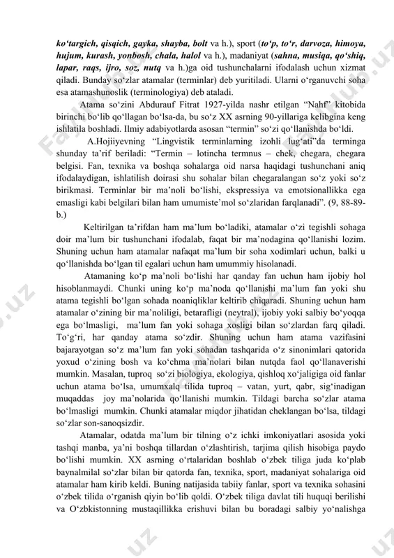 ib ornashayotgan menenjer, menejment, broker, nou–xou, shou, lizing, kliring, sertifikat, litsenziya kabi neologizmlarni kiritish mumkin. umumiste’moldagi so‘zlar bir yoki bir necha ma’noga egaligi bilan ham bir–biridan farq qiladi. chunonchi, bug‘doy, no‘xat, ajriq, terak, piyola, o‘rdak, qumursqa, qurt, oltmish, men, sen, o‘rik, shaftoli kabi so‘zlar bir ma’noli bo‘lsa, burun, yuz, ko‘z, qirq, qir, sur, tur, to‘r, bo‘z, tuz, uy, qo‘y, tol, quloq, bo‘l, tor kabi yuzlab, minglab so‘zlarning har biri bir nechadan qo‘shimcha ma’nolarga ham egadir. buyuk so‘z san’atkori alisher navoiy asarlarida birgina “shoh” so‘zi, shoh, podshoh, olloh, tangri, eng go‘zal, sabrli shaxmatning bosh donasi kabi mustaqil ma’nolardan tashaqari birikma holida yana 54 ma’noda qo‘llanganligi “alisher navoiy asarlari tilining izohli lug‘ati” 3-tomida qayd etilgan. mana shu birgina misolimizning o‘ziyoq o‘zbek tilining naqadar boyligidan, so‘zlarining serjiloligi, ko‘pma’noliligidan dalolat beradi. so‘zlar umumxalq tiliga, adabiy tuilga yoki ma’lum shevagagina xosligi bilan ham ajralib turadi. shuning uchun ham so‘zlarning talaffuz etilishi orqali ularning ma’lum shevaga, …