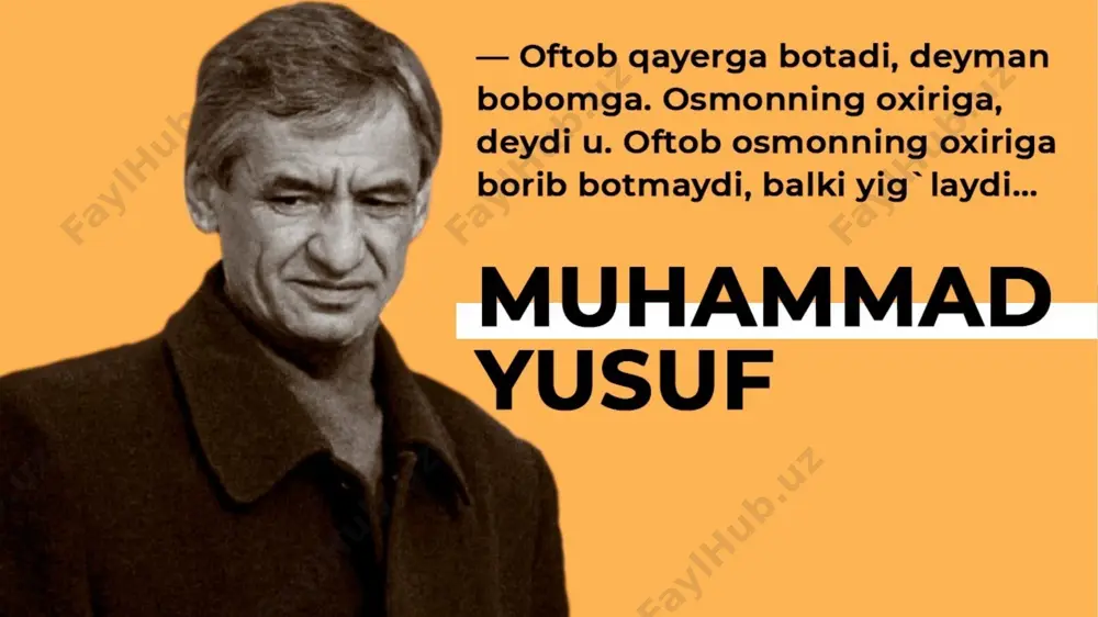 9-y.),”ko’ngilda bir yor”,”ishq kemasi”,”halima enam allalari”(1991-y.), “yolg’onchi yor”(1994-y.) “seni osmonimga olib ketaman”(1998-y.),”erka kiyik”,”o’zingdan qo’ymasin xalqim”(2000-y.), “saylanma”(2001-2004-yy.), “ulug’imsan vatanim”,kitoblari chop etilib, ommaga taqdim qilingan. 1989 yilda esa «uyqudagi qiz» nomli she’riy to‘plami uchun unga respublika yoshlar mukofoti berildi. u yirik poetik janrlarga ham murojaat etib , “osmonning oxiri”, “qora quyosh” singari dostonlar yaratdi. yurtimizning mustaqillikka erishgani muhammad yusuf ijodida yangi ufqlarni ochdi. uning millat va yurt istiqboli sharafiga bitgan go‘zal she’rlari o`zining samimiyligi , soddaligi , badiiy mukammalligi bilan millionlar qalbida aks sado berdi shoirning “ vatanim” , “xalq bo`l , elim”, “dunyo”, “inshoolloh”, “o’zbekmomo”, “iqror”, “tilak” singari she’rlari chinakam she’riyat yurtni qanday kuylamog‘i lozimligini isbotlagan asarlar bo‘lib qoldi. u rostgo‘y shoir, halol va pokiza qalb egasi. shuning uchun ham uning she’riyati butun ma’naviyatga to‘la, muhabbat haqida kuylaydimi, bevafo yor haqida qo‘shiq to‘qiydimi yoki tariximiz, taqdirimiz haqida kuylaydimi hamisha hayotga, haqiqatga hamnafaslik sezilib turadi. uning she’rlari oddiy, ravon, soddaligi bilan xalq …