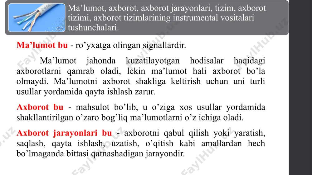 ot tizimlariga bo‘linadi. qo‘lda bajariladigan axborot tizimlarida axborotlarga ishlov berish bo‘yicha barcha operatsiyalar, jumladan, axborotlarni yig‘ish va ularga ishlov berish inson tomonidan bajariladi. avtomatlashtirilgan axborot tizimlarida boshqarish vazifalarini yoki ma’lumotlarga ishlov berishning bir qismi avtomatik, bir qismi esa inson tomonidan bajariladi. masalan, korxona faoliyatiga tegishli bo‘lgan resurslarga taalluqli axborotlarni yig‘ish, ishlov berish va taqsimlash avtomatlashtirilgan bo‘ladi, qaror qabul qilish esa asosan xodim tomonidan bajariladi. axborot tizimlarining klassifikatsiyasi. avtomat holda faoliyat yuritadigan axborot tizimlarida - boshqarish vazifalari va ma’lumotlarga ishlov berish insonning ishtirokisiz faqat texnik vositalar yordamida amalga oshiriladi. masalan, texnologik jarayonlarni, stanok, konveyrlarni avtomatik boshqarish. aytaylik, xona haroratini bir xilda ushlab turish uchun xonaga gaz uzatkich, gaz yoqqich va indikator o‘rnatiladi. xona harorati ma’lum darajaga yetgach indikator buni ro‘yxatga olib gaz uzatkichga signal ko‘rinishidagi axborotni yuboradi va natijada gaz uzib qo‘yiladi, aksincha, harorat tushib ketgan taqdirda indikator buni ro‘yxatga olib, gaz yoqqichga signal yuboradi va natijada gaz yoqib yuboriladi. axborot …