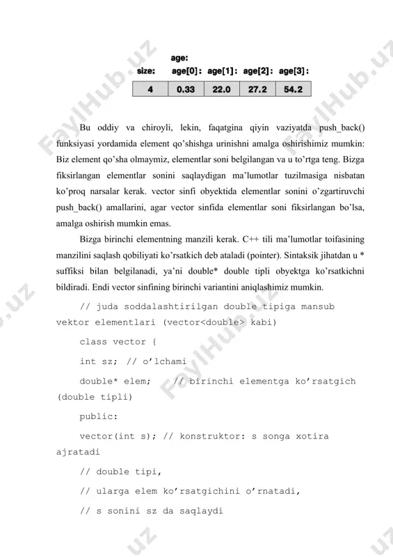 inishdagi butun sonlar bilan hisoblanadi. xotiraning birinchi bayti 0 adresga ega, ikkinchisi 1 va x.z. xotira megabaytlarini quyidagi ko’rinishda ifodalashimiz mumkin: xotirada joylashgan barcha narsa manzilga ega. misol ko’ramiz. int var = 17; bu qo’llanma var o’zgaruvchini saqlash uchun o’lchami int toifali o’lcham bilan aniqlanadigan xotira maydonini zahiralaydi va u yerga 17 sonini yozib qo’yadi. bundan tashqari, manzillarni saqlash mumkin va ularga amallarni qo’llash mumkin. manzilni saqlovchi obyekt ko’rsatkich deb ataladi. int* ptr = &var; // ptr ko’rsatgichi var o’zgaruvchi adresini o’zida saqlaydi obyekt adresini belgilash uchun unar & adres olish operatori ishlatiladi. demak, agar var o’zgaruvchisi xotira xududida saqlangan bo’lsa, u xolda birinchi yacheyka adresi 4096 (yoki 212) ga teng bo’lib ptr ko’rsatgichi 4096 sonini o’zida saqlashi mumkin. mavjudligiga qarab, kompyuter xotirasini 0 dan size-1 gacha raqamlangan baytlar ketma-ketligi kabi qarash mumkin. ayrim mashinalar uchun bunday tasdiqlash juda ham sodda xarakterga ega bo’ladi, lekin bizning model uchun shuning o’zi …