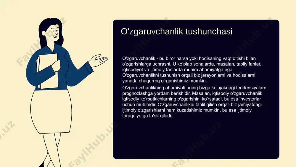 eal hayot sharoitida o'zgaruvchanlikni o'rganishga yordam beradi. statistik tahlil esa ma'lumotlarni to'plash va ularni tahlil qilish orqali o'zgaruvchanlikni ko'rsatadi. o'qitishda qo'llanilishi o'qitishda o'zgaruvchanlikni o'rganish usullarini qo'llash, talabalarni faollashtirish va ularning qiziqishini oshirishga yordam beradi. masalan, eksperimental metodlarni sinflarda ishlatish, talabalar uchun amaliy tajribalar yaratadi. shuningdek, guruhli muhokamalar va loyiha asosidagi o'qitish usullari yordamida talabalar o'zaro fikr almashishlari va o'zgaruvchanlikni chuqurroq tushunishlari mumkin. o'zgaruvchanlik jarayonlari o'zgaruvchanlik jarayonlari - bu turli omillar ta'sirida yuzaga keladigan o'zgarishlar. ularning xarakteristikasi tizimning tabiati va ijtimoiy-iqtisodiy sharoitlariga bog'liq. o'zgaruvchanlik jarayonlari ko'pincha inson faoliyati, iqtisodiy o'zgarishlar yoki ekologik omillar natijasida paydo bo'ladi. o'zgaruvchanlik jarayonlarining sabablari va asosiy mexanizmlari insonning ijtimoiy, iqtisodiy va ekologik faoliyati bilan bog'liq. masalan, iqlim o'zgarishi tabiiy tizimlarni o'zgartirsa, iqtisodiy rivojlanish jamiyat va iqtisodiyotning tuzilishini o'zgartiradi. misollar sifatida, iqlim o'zgarishi va iqtisodiy inqiroz jarayonlari ko'rsatilishi mumkin. iqlim o'zgarishi ekologik tizimlar va hayotiy faoliyatga ta'sir qiladi, iqtisodiy inqiroz esa iqtisodiy barqarorlikni buzadi. o'zgaruvchanlik sabablari o'zgaruvchanlikni …