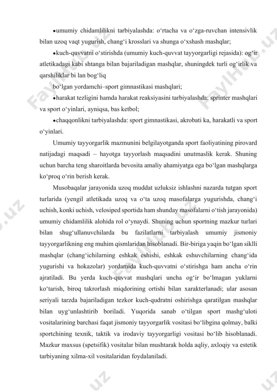 t mashg‘uloti vositalarining barchasi faqat jismoniy tayyorgarlik vositasi bo‘libgina qolmay, balki sportchining texnik, taktik va irodaviy tayyorgarligi vositasi bo‘lib hisoblanadi. mazkur maxsus (spetsifik) vositalar bilan mushtarak holda aqliy, axloqiy va estetik tarbiyaning xilma-xil vositalaridan foydalaniladi. foydalanilgan adabiyotlar 1. «o‘zbekiston bolalar sportini rivojlantirish jamg‘armasini tuzish to‘g‘risida»gi farmon – 2002-yil, 24-oktabr. 2. barkamol avlod orzusi. o‘zbekiston milliy ensiklopediyasi davlat ilmiy nashriyoti. – toshkent, 2000. 3. t.s. usmonxo‘jayev va boshqalar. «bolalar va o‘smirlar sporti mashg‘ulotlari nazariyasi va uslubiyatlari». o‘quv qo‘llanma. – toshkent, «ilm-ziyo», 2006. 4. l.p. matveyev, a.d. novikov. jismoniy tarbiya nazariyasi va metodikasi. i tom. – toshkent, «o‘qituvchi», 1975. 5. k.m. mahkamjonov, x.b. tulenova. jismoniy tarbiya nazariyasi va metodikasi. ma’ruzalar matni. ii qism. – nizomiy nomidagi tdpu. 2002. 6. «trenerlik metodikasi» fanidan namunali o‘quv dasturi. – toshkent, 2011. 7. t.s. usmonxo‘jayev, o‘. tursunov. jismoniy tarbiya nazariyasi va uslubiyoti. – toshkent, «o‘qituvchi», 2004. image1.jpg image2.jpeg
