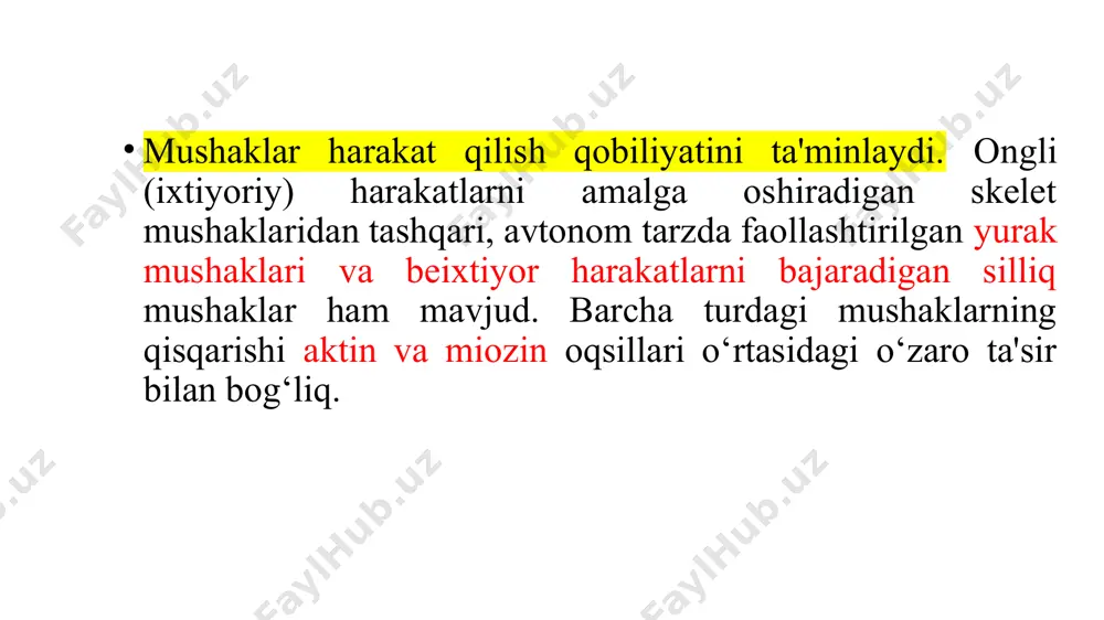 ng muhim tarkibiy qismidir; u barcha mushak oqsilining 20-25% ni tashkil qiladi. f-aktin sitoskeletonning muhim tarkibiy qismidir . bu fibrillyar polimer monomerik g-aktin bilan muvozanatda. yana ikkita mushak oqsili tropomiozin va troponindir. tropomiozin (64 kda) f-aktin bilan dimerik tayoqchalar shaklida bog'lanib, yettita aktin birligidan iborat hududlarni birlashtiradi. geterotrimer troponin (78 kda) tropomiozinning bir uchi bilan bog'langan. ro'yxatda keltirilgan oqsillardan tashqari, mushaklarda boshqalar ham mavjud: aktin (ma'lum bo'lgan oqsillarning eng kattasi, uning massasi 3000 kda ga etadi), α- va β-aktininlar, desmin va vimentin. neyromediatorning hosil bo‘lishi va ta’siri kaltsiy ionlari bilan tartibga solinishi bo'shashgan skelet mushaklarida troponin-tropomiyozin kompleksi miyozin boshlari va aktin filamentlari o'rtasidagi aloqani oldini oladi. troponin uch xil subbirlikdan iborat: kaltsiy kanallarining ochilishi natijasida yuzaga kelgan sitoplazmik ca2+ kontsentratsiyasining tez ortishi ca2+ ning kalmodulinga juda o'xshash troponinning c subbirligi bilan bog'lanishiga olib keladi . natijada, troponin molekulasida konformatsion o'zgarishlar ro'y beradi, shuning uchun butun troponin-tropomiyozin kompleksi asta-sekin siljiydi, miyozinni …