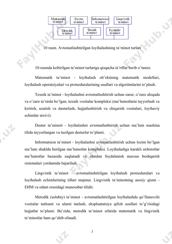 anlik darajasi umumiy loyihalash algoritmidagi avtomatlashtirilgan protseduralar nisbati nav bilan baholanadi. agar nav 25% ni tashkil qilsa, loyihalash jarayoni past avtomatlashtirilgan, 25% 50% ni tashkil qilsa, bunday loyihalash jarayoni yuqori darajada avtomatlashtirilgan loyihalash jarayoni deb ataladi. optimal echim qabul qilishda modellashtirishning o’rni hozirgi zamon ts, agar ularga ekspluatatsiya qilinishi nuqtai-nazaridan qaraydagan bo’lsak, asosan murakkab turkumli dinamik sistemalarni tashkil qiladi. ularni analiz yoki sintez qilish hozirgi paytda ehm yordamida samarali bajarilmoqda. o’z navbatida ehm ning qo’llanilishi ts ni loyihalash jarayoniga bir qancha o’zgartirishlar kiritishni talab qiladi. ma’lumki, har qanday ts yoki texnologik jarayon (tj) struktura jihatidan ko’p variantli sistemalar bo’lib, ularni loyihalashda asosiy vazifa shu ko’p varianli sistemalarning eng samaralisini tanlashdan yoki yaratishdan iboratdir. ya’ni berilgan sharoitlarda loyihalanadigan sistemaning optimal variantini tanlashdan iboratdar. loyihalash jarayonida optimal echim qabul qilishni ehm yordamida bajarishning asosiy bosqichlari 11-rasmda keltirilgan. 11-rasm. optimal echim қabul qilish bosқichlari rasmdan ko’rinib turibdiki, har qanday masalaning optimal echimini ehm …