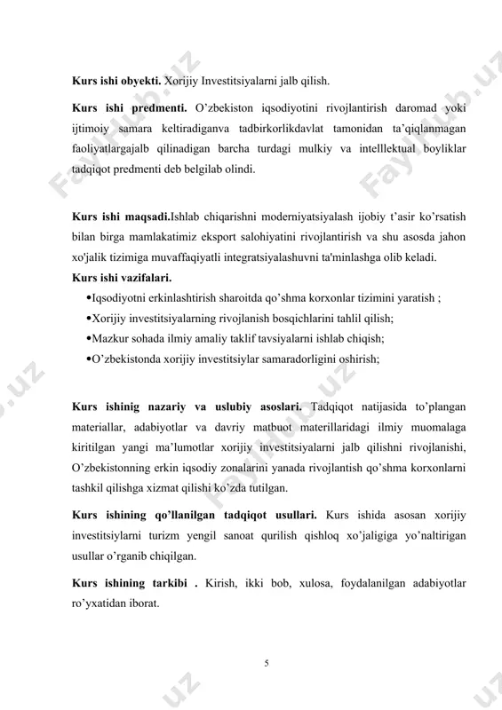,xususan kapitallarn isaqlash va zararlarni qoplashni kafolatlaydi,imtiyozli soliq olishni kiritad iva foydani xorijga erkin o'tkazishga ruxsatberadi,olingandaromadlar va boshqalarni qayta investitsiyalashga sharoitlar yaratadi. investitsiyaning milliy daromaddagi hissasi investitsiya me'yori deb ataladi. bu quyidagi formula asosida hisoblanadi: yaim = yais *100 / yamd 1.1 1 – formula yatm—yalpi investitsiya me'yori; yals—yalpi investitsiya summasi; yamd—yalpi milliy daromad. xorijiy investitsiyalarni moliyalashtirish usullari. 1.1 2-rasm manba : o’zbekiston respublikasi adliya vazirligining qonun va normativ-huquqiy hujjatlar to’plami real investitsiya asosiy fondlar va aylanma mablagʻlarga investorlar tomonidan qoʻyiladigan barcha turdagi boyliklar. moliya investitsiyalar — qimmatli qogʻozlar (aksiya, obligatsiya) sotib olishga va bank depozitlariga uzoq muddatga jalb qilingan qiyilmatlar. intellektual investitsiyalar- mutaxassislarni tayyorlash, tajriba, ilmiy tekshirish, litzensiya va nou-xou berish, avtorlik huquqi va boshqalar. investitsiyalar kim tomonidan kiritilishiga qarab 2 turga boʻlinadi: ichki investitsiyalar. tashqi investitsiyalar. ichki investitsiyalar — mamlakat hududida ichki investorlar tomonidan amalga oshiriladigan investitsiyalar hisoblanadi. tashqi investitsiyalar — foyda olish maqsadida chet el investorlari tomonidan …