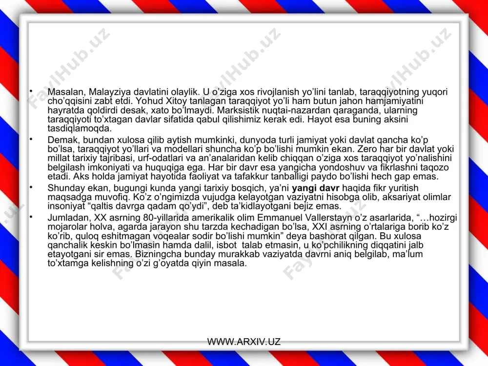 qarorligini ta’minlash uchun yangicha yondoshuvlarni izlab topishni, xavfsizlikning yangicha modellarini ishlab chiqishni taqozo etmoqda. mamlakatimizda butun insoniyatni tashvishlantirayotgan muammolarga javob izlash borasida to’plangan muayyan tajriba ma’lum ilmiy xulosalar chiqarish imkonini beradi. bu xulosalar yurtboshimizning “o’zbekiston xxi asr bo’sag’asida: xavfsizlikka tahdid, barqarorlik shartlari va taraqqiyot kafolatlari” fundamental asarida atroflicha tahlil etilgan. prezidentimiz mazkur kitobda o’z taqdirimizni o’zimiz belgilashimiz, istiqlol bergan imkoniyat – erk va ozodlikni murakkab va shafqatsiz dunyoda sodir bo’layotgan turli xavf-xatarlardan omon saqlash har birimizga bog’liqdir, degan g’oyani ilgari suradi. agar buni tahlil qiladigan bo’lsak, birinchidan, biz yashab turgan dunyo mustaqilligimiz va taraqqiyotimizga qarshi turli tahdidlarga to’la ekanini anglab yetish qiyin emas. ikkinchidan, bizning xohish-irodamizga bo’ysunmaydigan ijtimoiy, umumjahoniy rivojlanish jarayonlari fuqorolar oldiga o’ta mas’uliyatli talablar qo’yayotgani bois, tahdidlarning oldini olish va barqarorlikka erishishga yo’naltirilgan choratadbirlarni amalga oshirish har birimizning siyosiy ongimiz, vatanparvarligimizga bog’liq ekani to’g’risida tasavvurga ega bo’lamiz. www.arxiv.uz www.arxiv.uz mamlakatimiz xavfsizligi, yurtimizda hukm surayotgan barqarorlik va millatlararo hamjihatlikni …