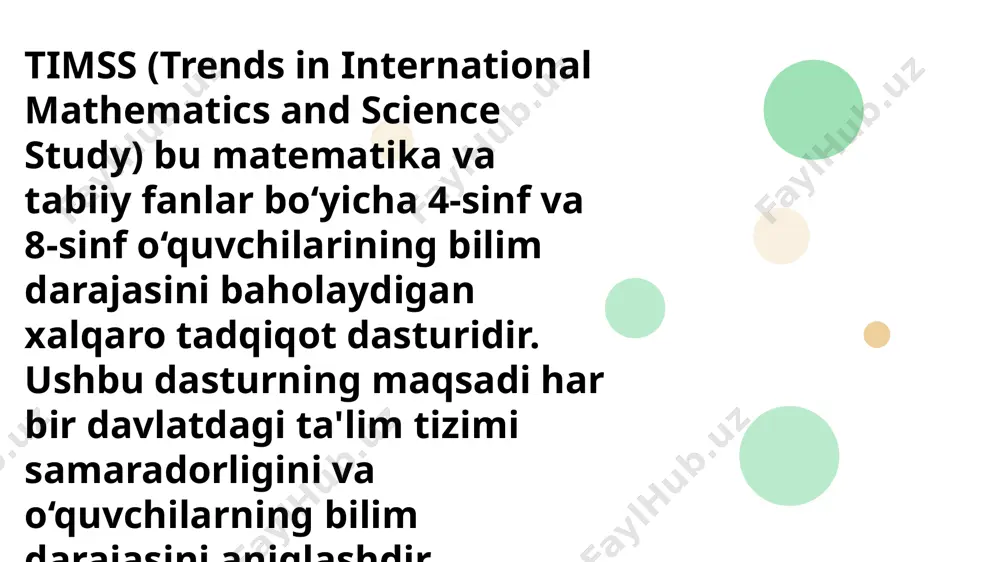 sini tanlagan o‘quvchilar birgalikda umumiy so‘rovda necha foizni tashkil qiladi? 6 quyidagi diagramma bir shahardagi supermarketlarda sotilgan meva turlarining foiz taqsimotini ko‘rsatadi: savollar: 1. agar supermarketda jami 800 kg meva sotilgan bo‘lsa, nechta kilogramm olma sotilgan? 2. sotilgan shaftoli va apelsin umumiy sotuvning necha foizini tashkil qiladi? 3. tasodifan tanlangan kilogramm mahsulotning banan bo‘lish ehtimoli qancha? 7 business business business business business quyidagi diagramma bir mahalladagi oilalarning kunlik suv iste'moli (litrda) bo‘yicha taqsimotini ko‘rsatadi: savollar: 1. mahalladagi jami nechta oila qatnashgan? 2. suv iste'moli 151–200 litr bo‘lgan oilalarning ulushi necha foizni tashkil qiladi? 3. tasodifan tanlangan oila 101–150 litr suv iste'mol qiladi, deyish ehtimoli qancha? bir o‘yin davomida ikkita zar bir vaqtda tashlanadi. har bir zar 1 dan 6 gacha sonlarni ko‘rsatadi. topshiriq: 1. zarlarning natijasi yig‘indisi 7 bo‘lishi ehtimolini hisoblang. 2. zarlarning natijasi teng bo‘lishi ehtimolini aniqlang. 9 bir sinfda quyidagi sport turlarini tanlagan o‘quvchilar bor: topshiriq: 1. tasodifan …
