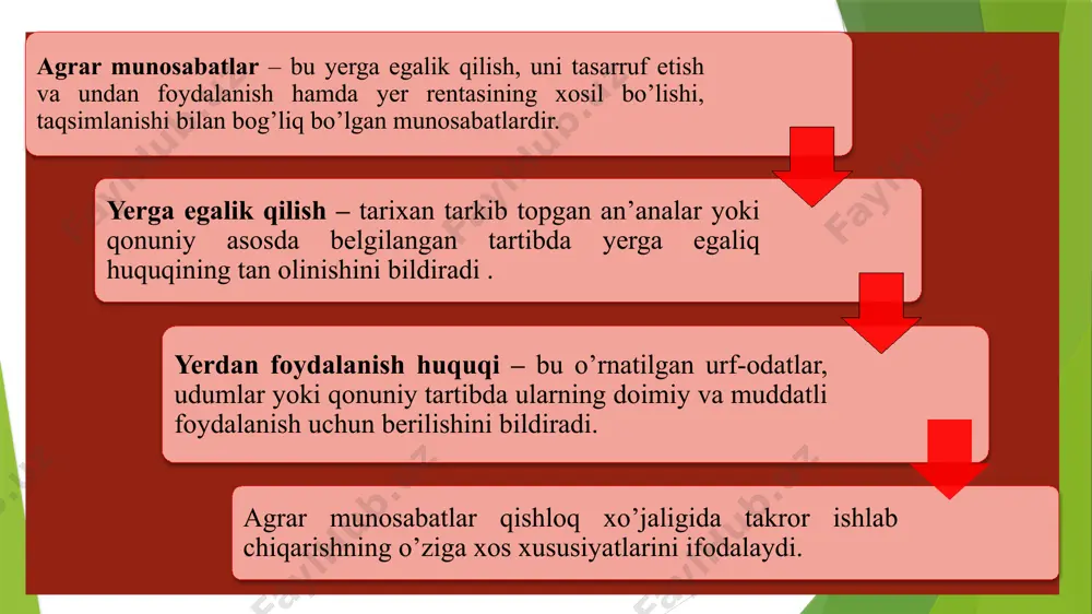 kimdir foydalangani uchun haq to‘lashni shart qilib qo‘yadi. yer — mulk va xo‘jalik yuritish obyekti sifatida mahsulot ishlab chiqaruvchilar — shirkatmi, fermer yoki dehqon xo‘jaligi egasi bo‘ladimi, o‘zining qancha mehnat qilgani, qancha mablag‘ sarflaganini, ijaraga olingan maydondagi haqiqiy hosildorlik darajasi qancha bo‘lganini, shunga yarasha daromad yoki sof foyda olganini, o‘z mehnatini qanchalik to‘g‘ri hisob-kitob qilganini bilmasa, xo’jalikda o‘tkazilayotgan iqtisodiy islohotlar yaxshi samara bermaydi. renta nazariyasi «yer rentasi yer egaligini iqtisodiy jihatdan amalga oshirishning shaklidir». shu tushunchadan kelib chiqqan holda aytadigan bo‘lsak, yerning egasiga yerdan foydalanganlik uchun ijarachi tomonidan to‘langan haq renta deyiladi. bundan renta — yer uchun to‘langan haq, agarda yer uchun haq to‘lanmasa, ya’ni yer egasi yerni ijaraga bermay, o‘zi xo‘jalik yuritsa, renta to‘lanmaydi, degan xulosa chiqadi. renta agrar munosabatlarning moddiy asosidir degan fikr yuradi. renta nazariyasi hozirgi davrda turli mamlakatlarda renta o‘zining kelib chiqish sabablari va shart-sharoitlariga asoslanib quyidagi turlarga ajratiladi: differensial (tabaqalashgan) renta i va ii, monopol …