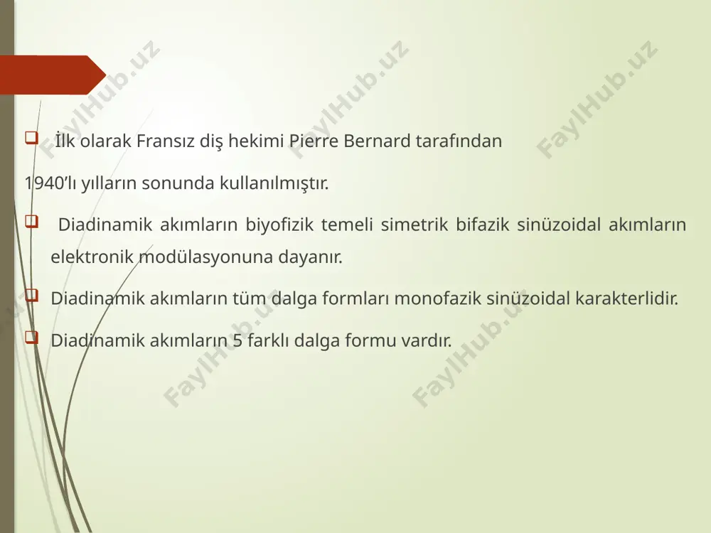 sn din 1 sn mf 1 sn din * sabit zamanlı mf’nin eşit dinlenme aralıkları ile uygulanmasıdır. diadinamik akımlar: difaz fikse (df)  monofaz fikse (mf)  kurt peryot (kp)  long peryot (lp)  ritm senkop (rs)  di̇adi̇nami̇k akimlarin terapati̇k etki̇leri̇ ağrı ve ödemde azalma di̇adi̇nami̇k akimlarin fi̇zyoloji̇k etki̇leri̇ uyarılabilirliği değiştirir, ağrı eşiği artar. vasomotor etki: vazodilatasyon + hiperemi kas uyarımı : azdan orta seviyeye artarken inhibitör ve eksitatör etkilerin birleşimi ile ağrının modülasyonu (maskelenmesi) gerçekleşir. di̇adi̇nami̇k akim uygulamasi i̇le fi̇zyoloji̇k ve tedavi̇ye dai̇r etki̇ler diadinamik akım monofazik, süre / akım şiddeti duyu sinirlerinin depolarizasyonu motor sinirlerin depolarizasyonu i̇nhibitör etki / eksitatör etki ağrının kontrolü endi̇kasyonlar - i esas olarak analjezik etki oluşturmak amacıyla kullanılmaktadır. herhangi bir yan etkileri yoktur. yön değiştirdikleri için dokuda iyon hareketine neden olmazlar. galvanik akımlar gibi yanık oluşturmazlar. endi̇kasyonlar - ii adale ve eklem hastalıklarında - eklem burkulmaları - adale burkulmaları - eklem …
